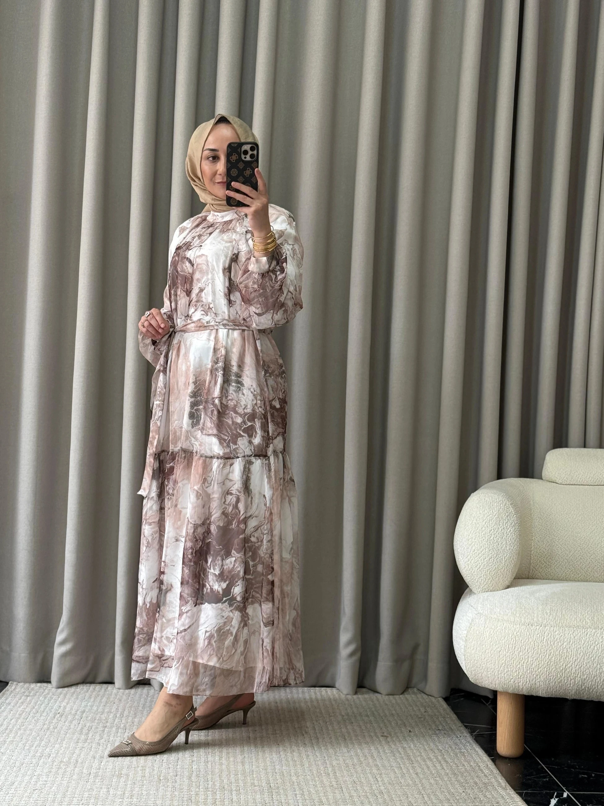 Kahma Desenli Elbise - Kahverengi