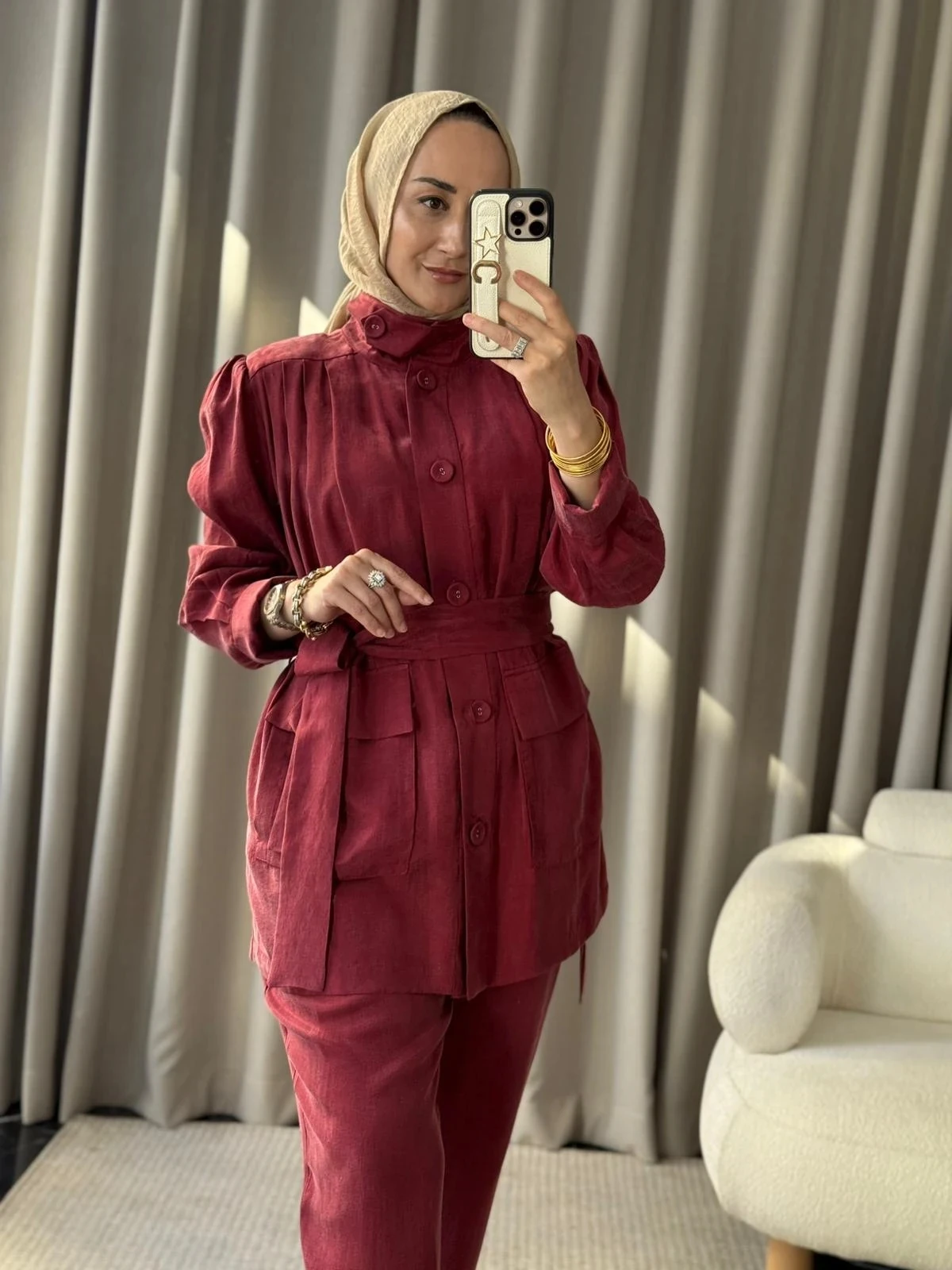 Kahma İpek Cupra Ceket Takım - Bordo