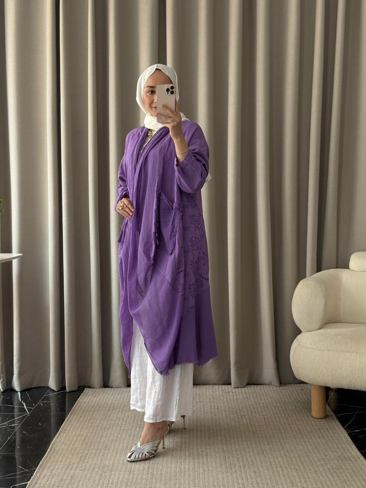 İthal Keten Asimetrik Kesim Kap - Mor