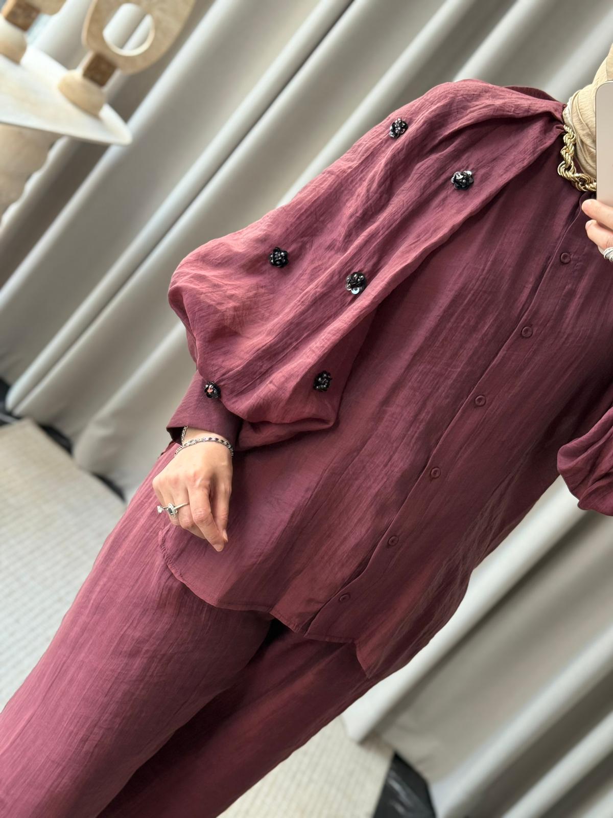 Kahma Boncuk Detay Gömlek - Bordo