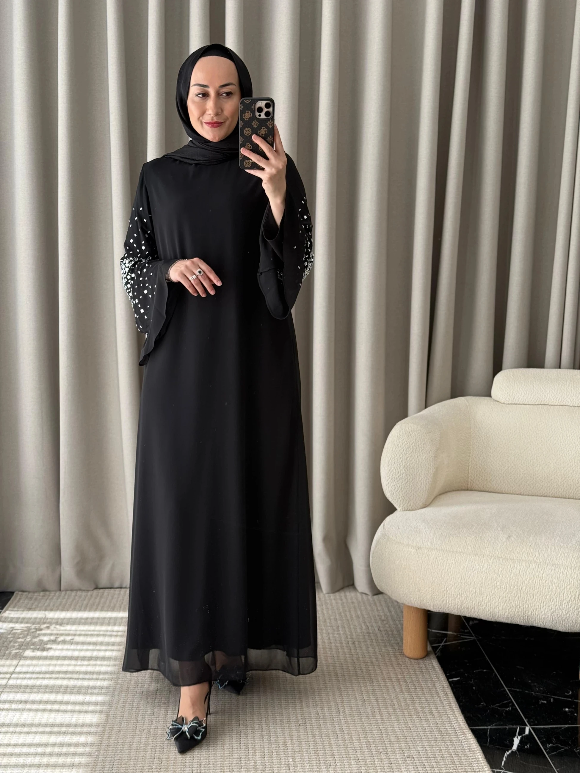 Qeffa Kolları Taş Detay Şifon Elbise