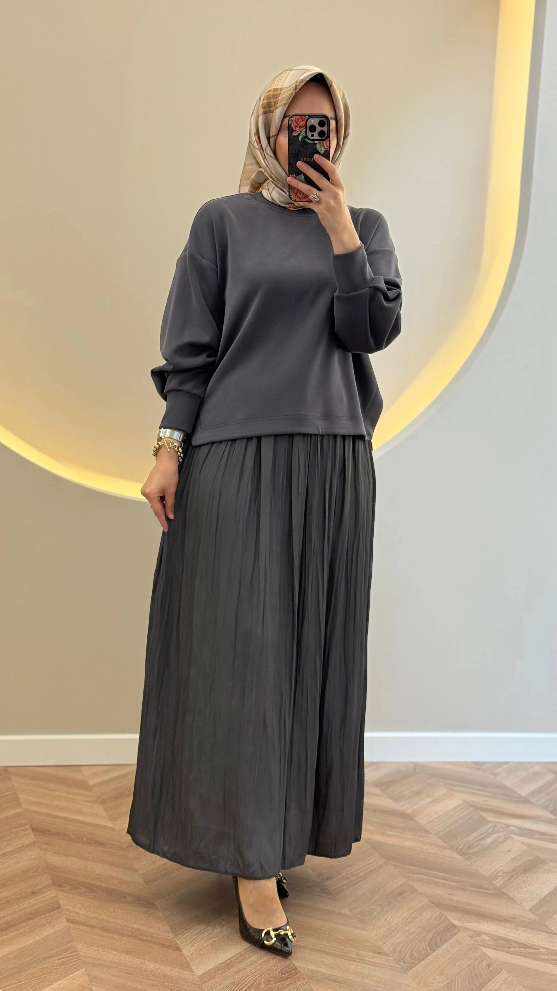 Tığ Triko Saten Kurdele Detaylı Etekli Takım - Antrasit