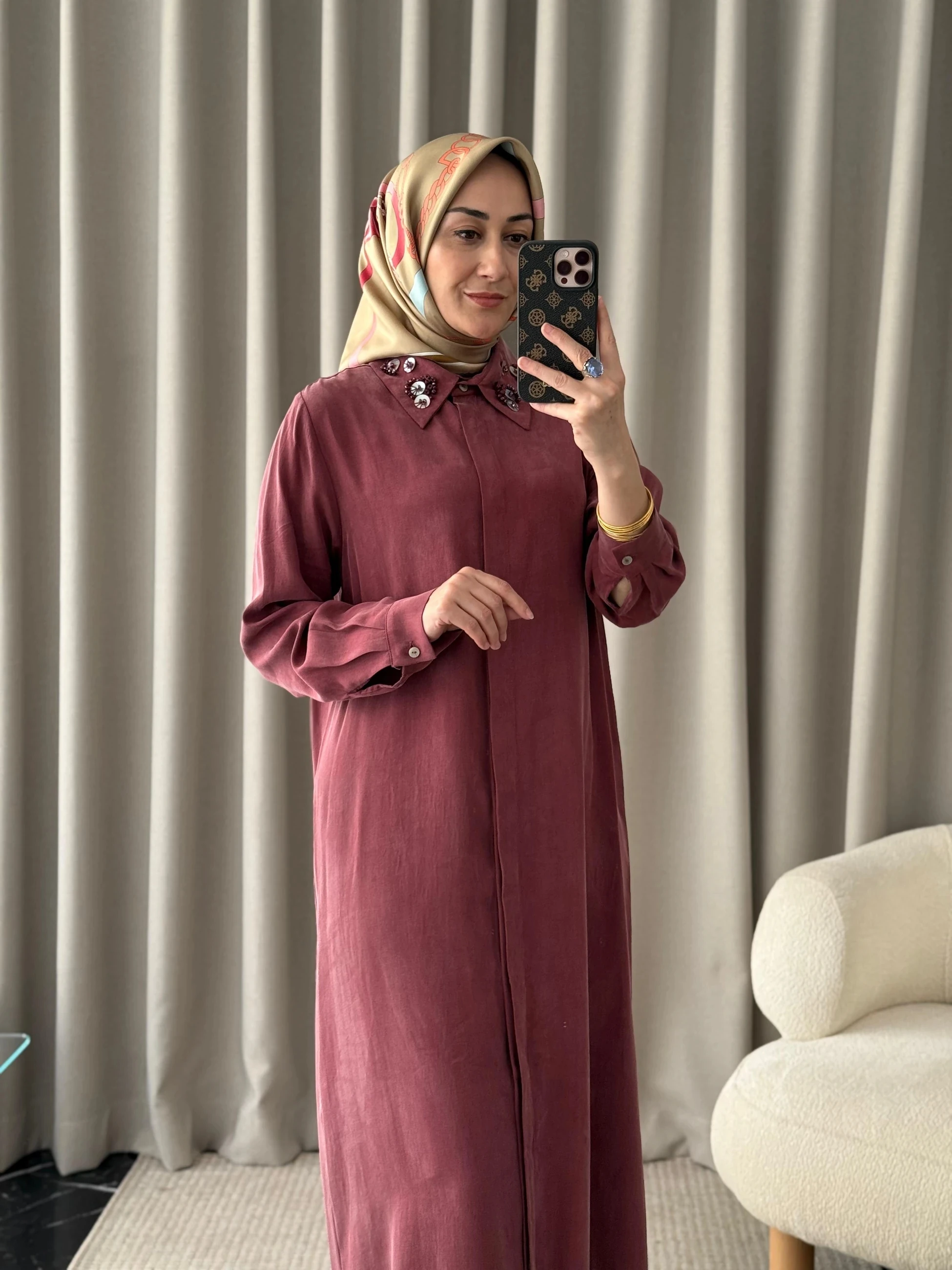 Qeffa Yakası Pullu Gömlek Elbise - Bordo