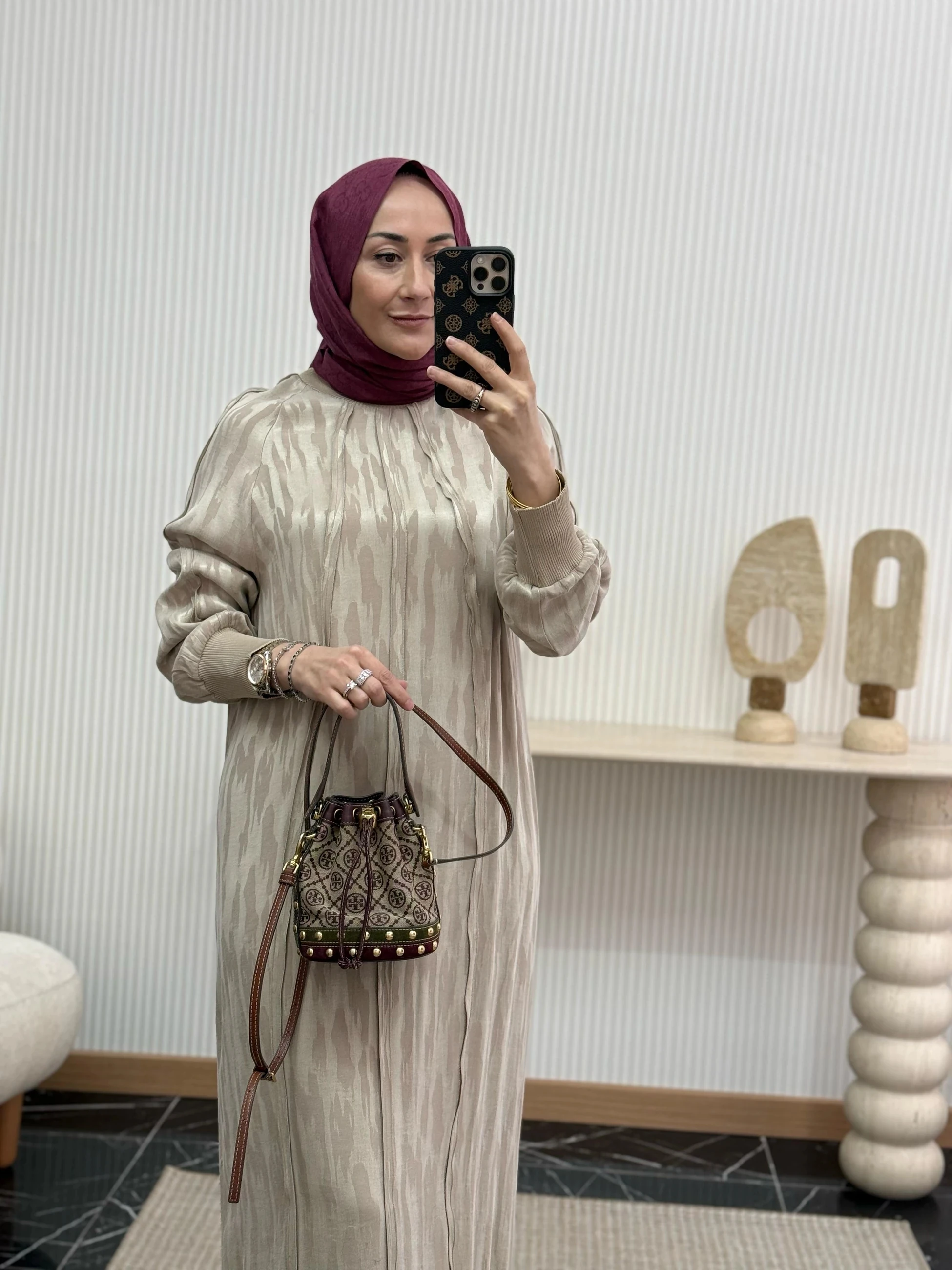 Qmash Desenli Elbise - Bej