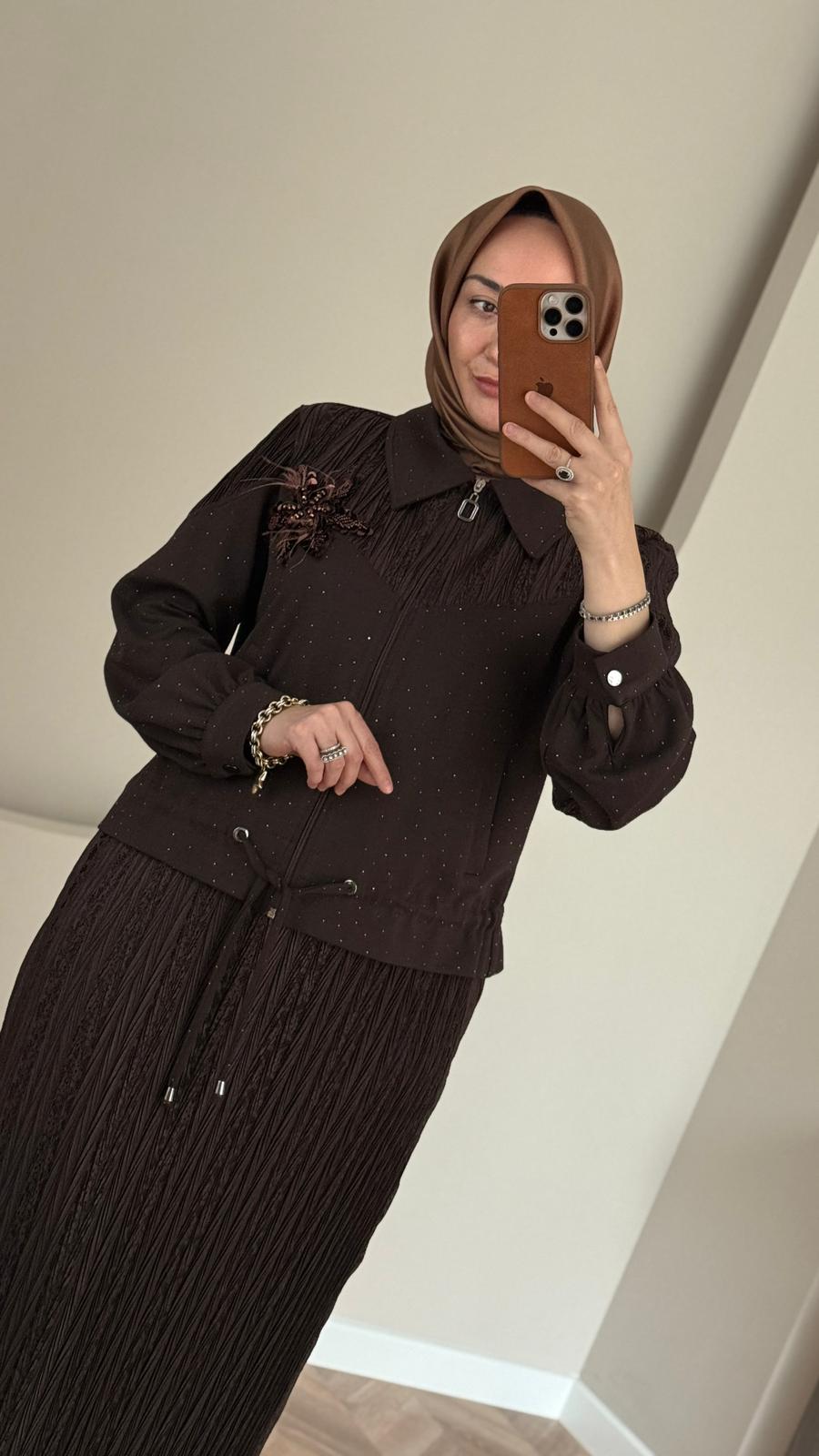 Otto Taşlı Etekli Takım- Kahve