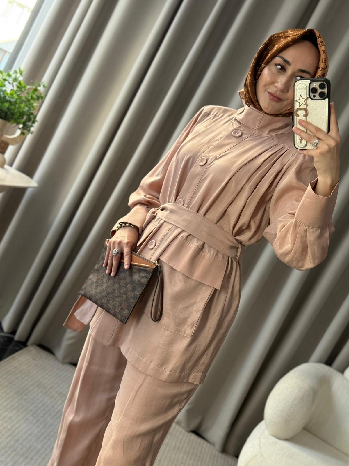 Kahma İpek Cupra Ceket Takım - Pudra