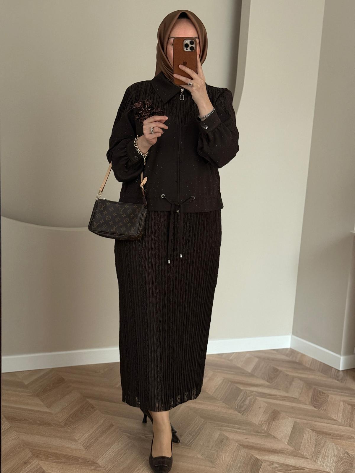 Otto Taşlı Etekli Takım- Kahve