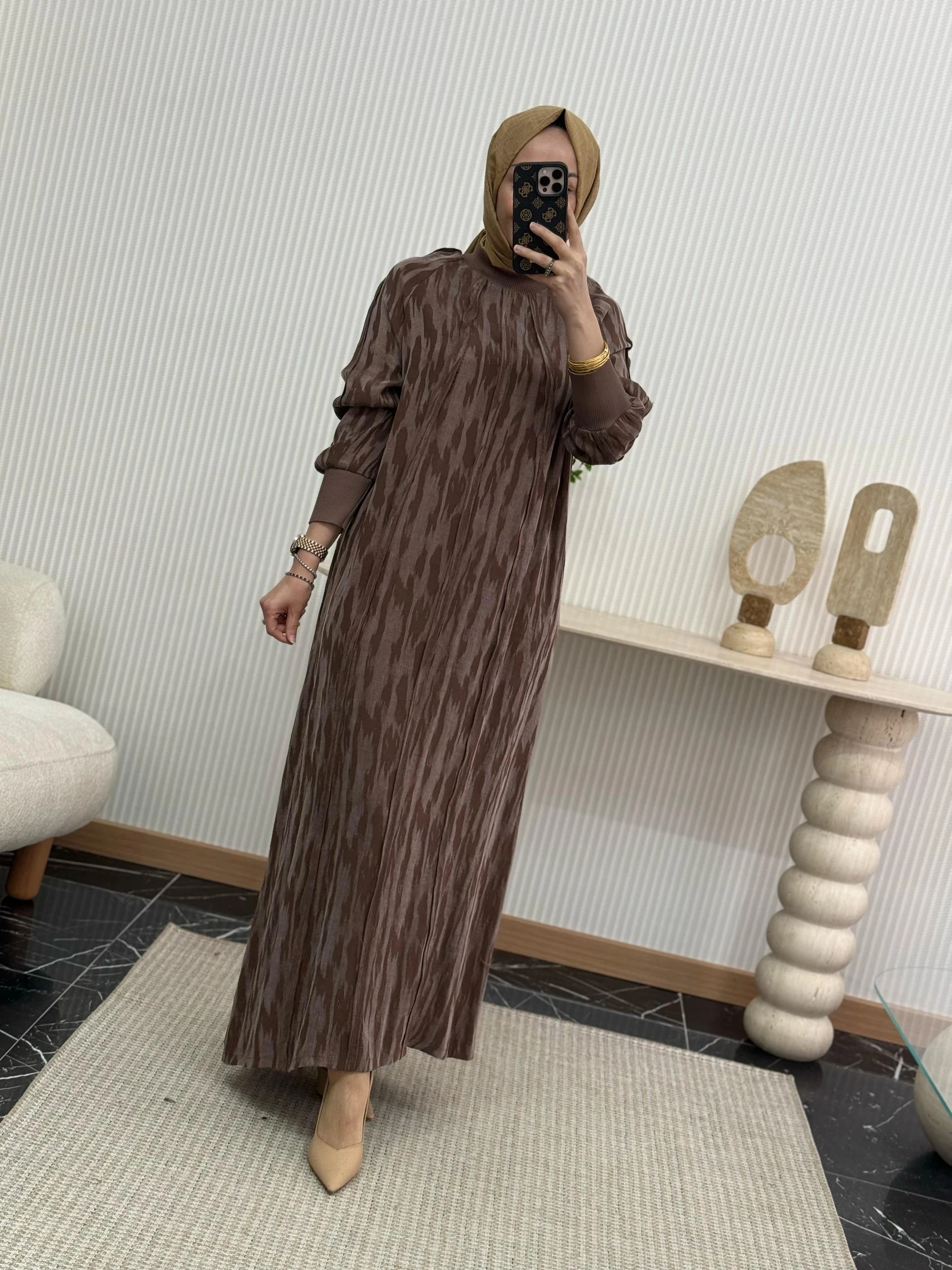 Qmash Desenli Elbise - Kahverengi