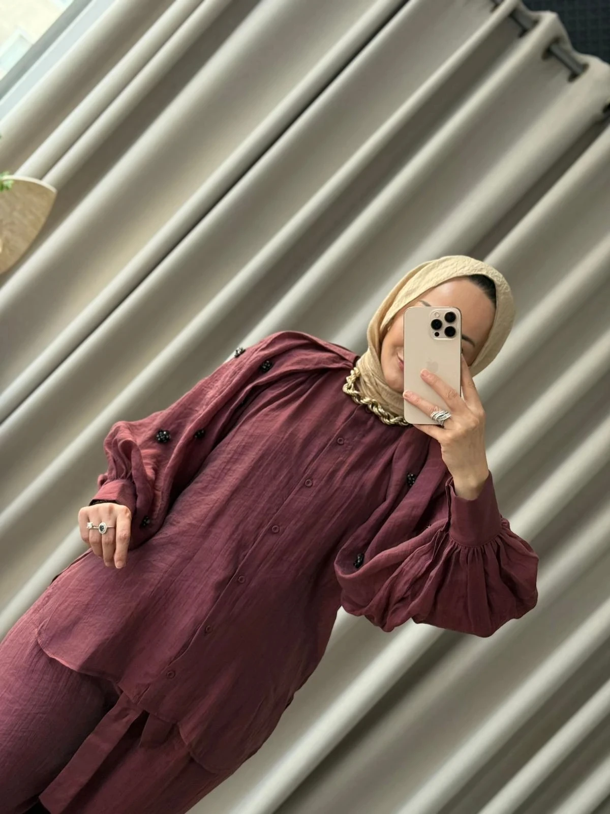 Kahma Boncuk Detay Gömlek - Bordo