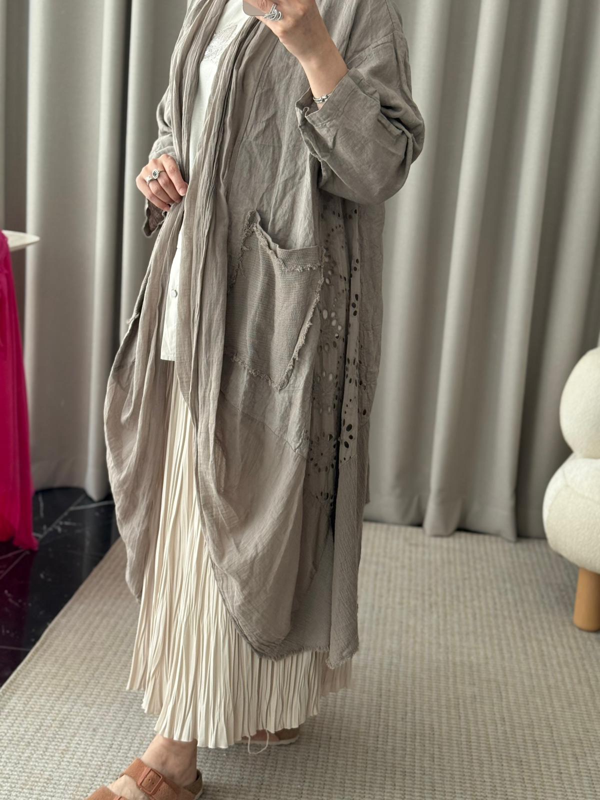 İthal Keten Asimetrik Kesim Kap - Taş