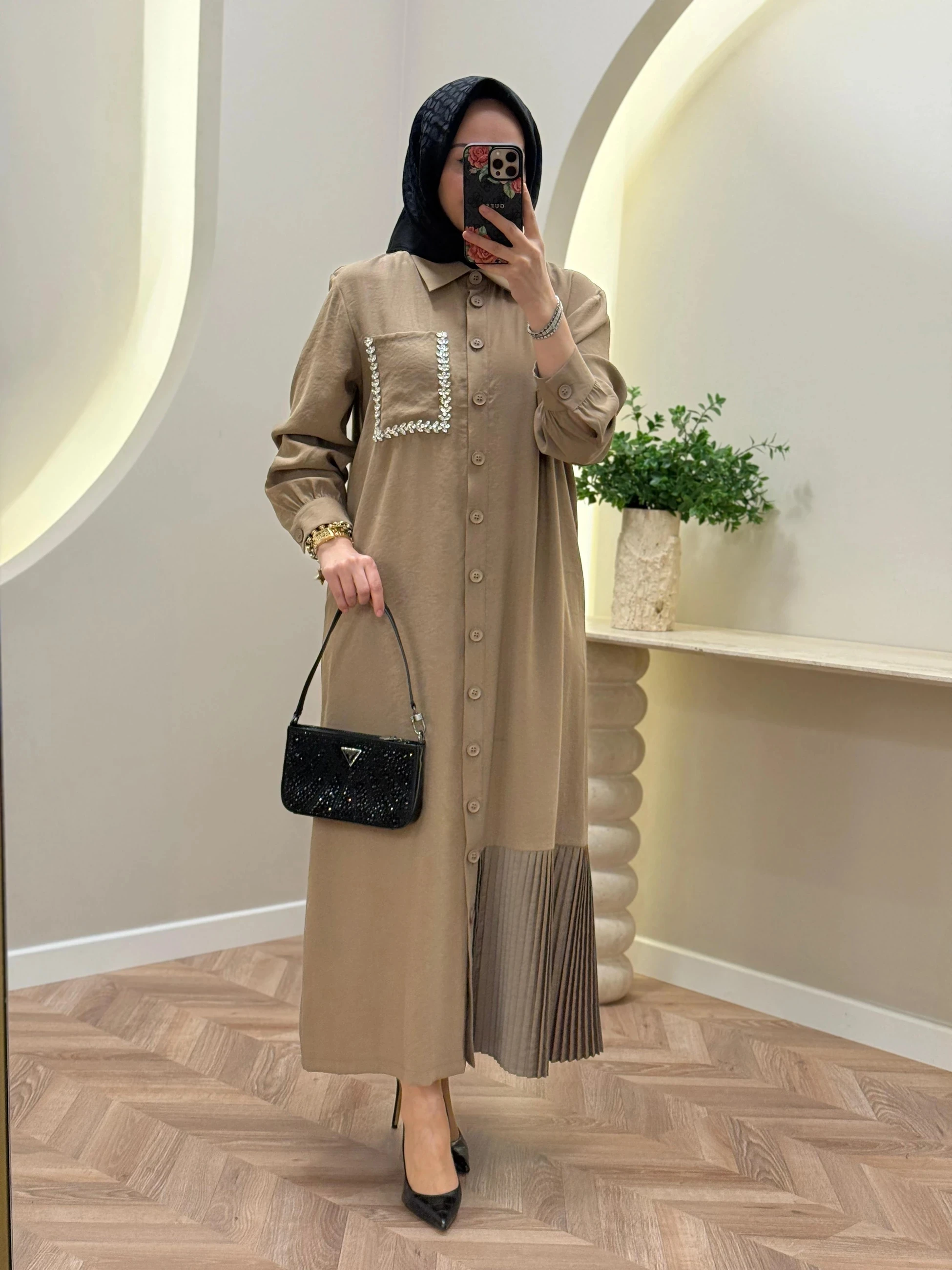 Lonbelon Bm Cep Taş Detaylı Elbise - Camel