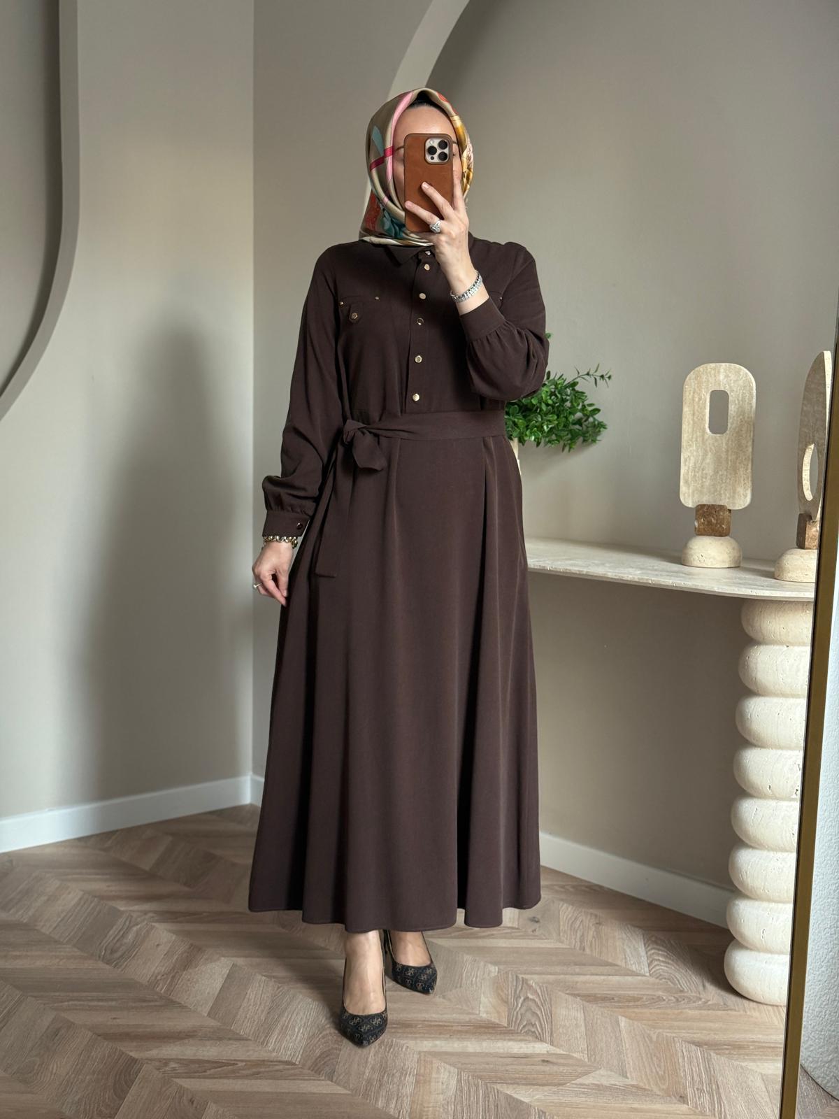 Nuss Cep Detaylı Tencel Elbise- Kahve