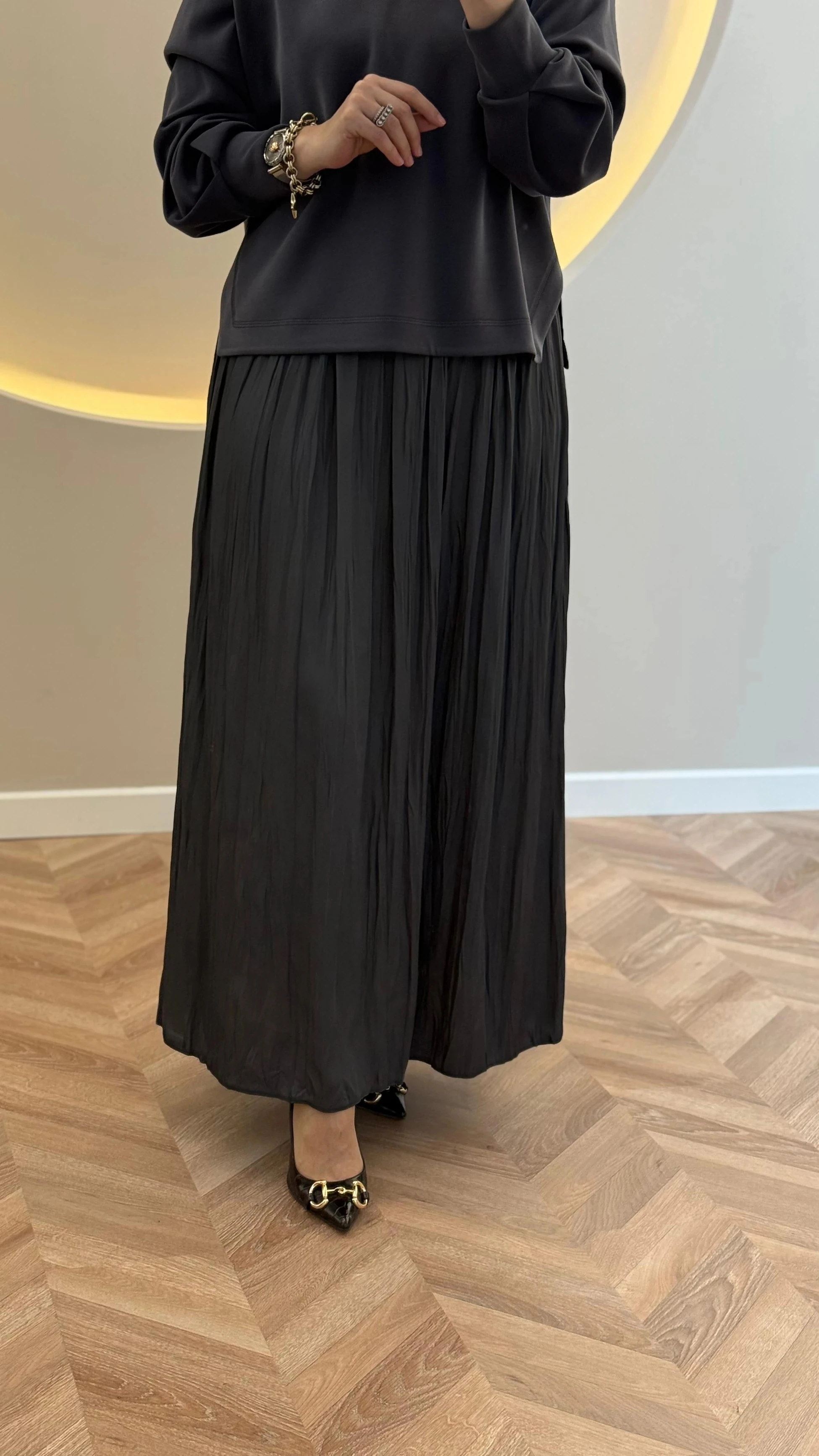 Tığ Triko Saten Kurdele Detaylı Etekli Takım - Antrasit