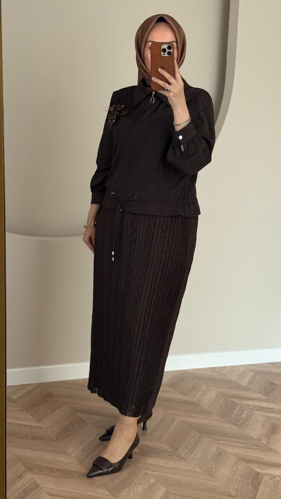 Otto Taşlı Etekli Takım- Kahve