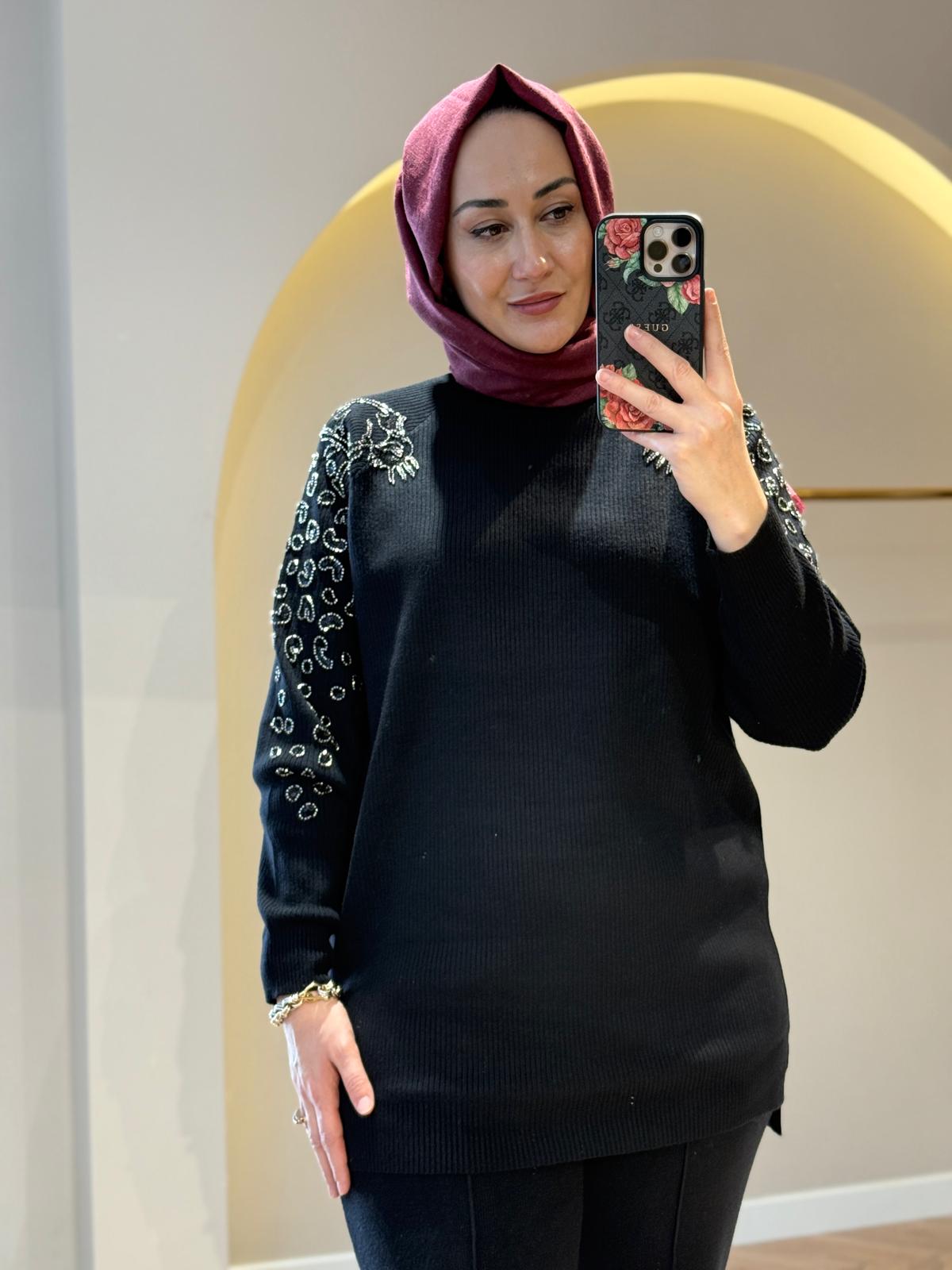 Tığ Triko Leopar Taş İşlemeli Takım