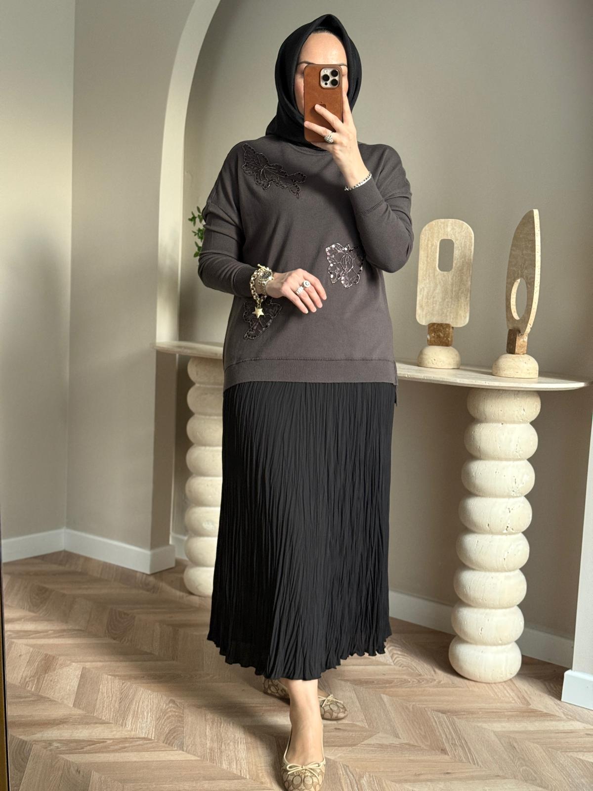 Lissmore işlemeli Bluz-Haki Kahve