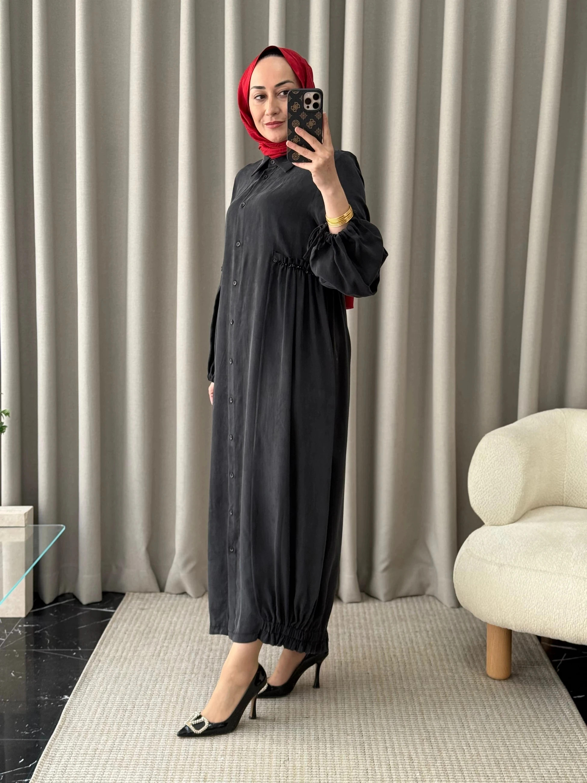 Qeffa Etek Ucu Ribanalı İpek Elbise - Siyah