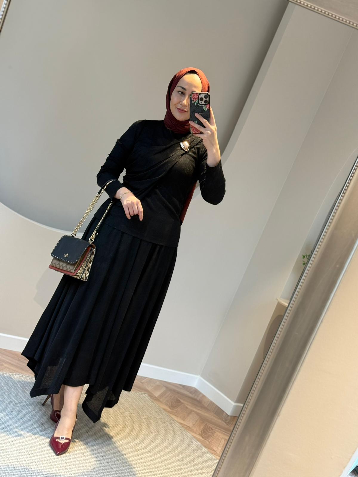 Kahma Simli Merserize Etekli Takım - Siyah