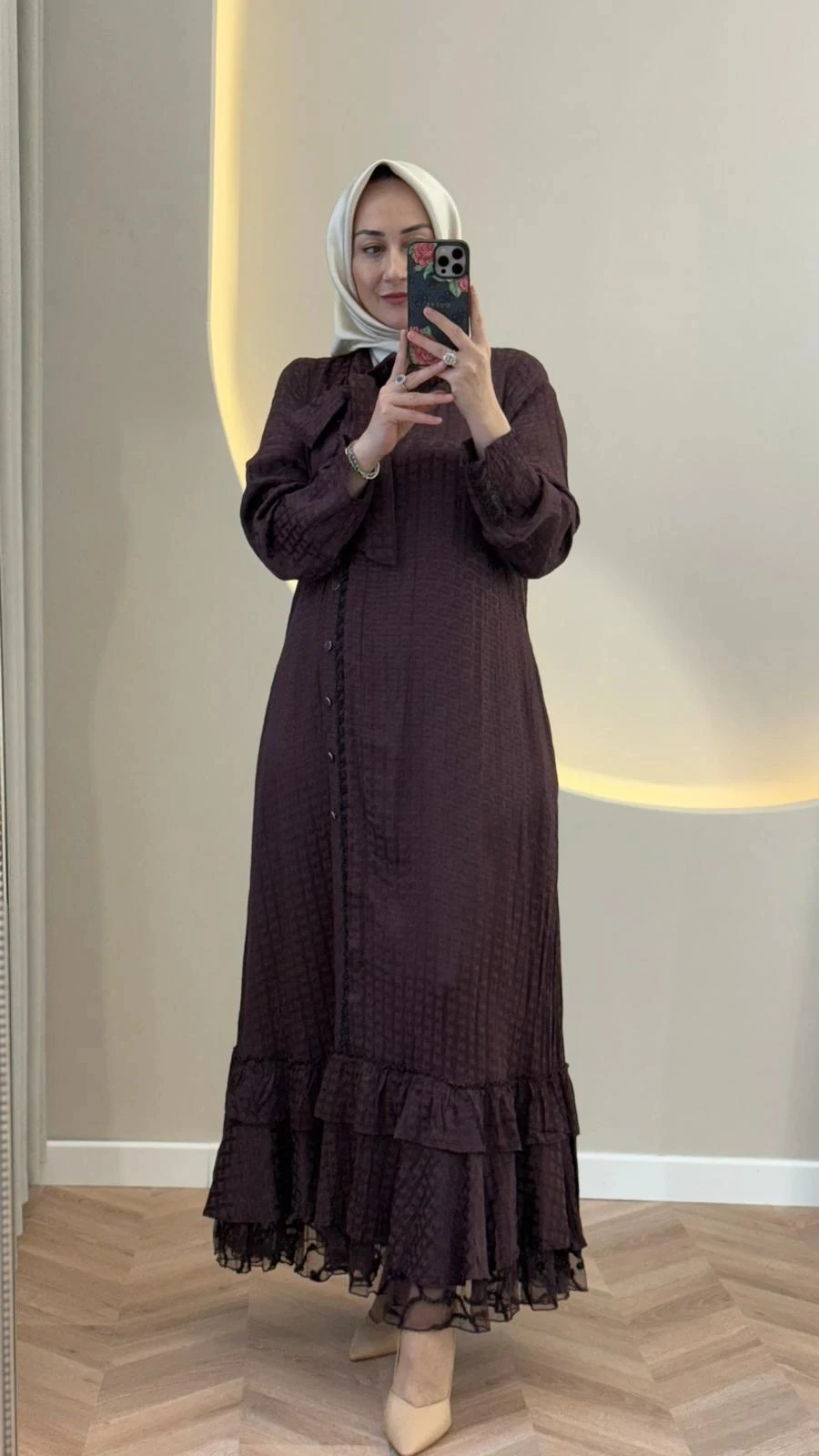 Lissmore Kare Desenli Elbise - Bordo