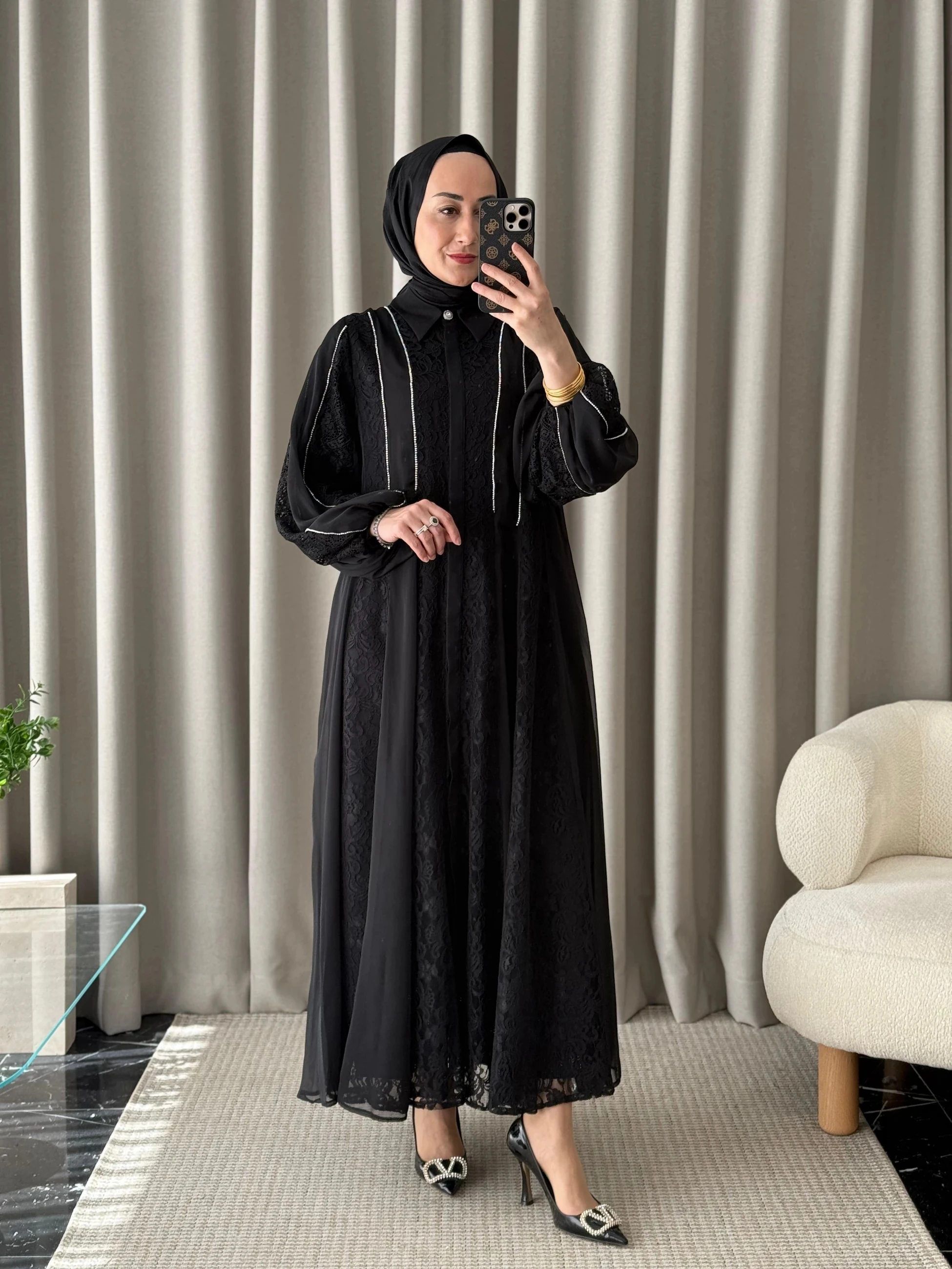 Qeffa Taşlı Güpürlü Elbise