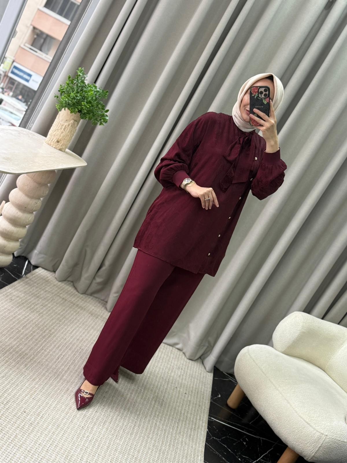 Ghisa Kendinden Desenli Tunik & Pantolon Takım