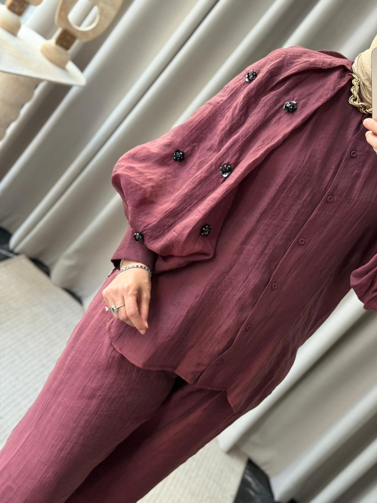 Kahma Boncuk Detay Gömlek - Bordo