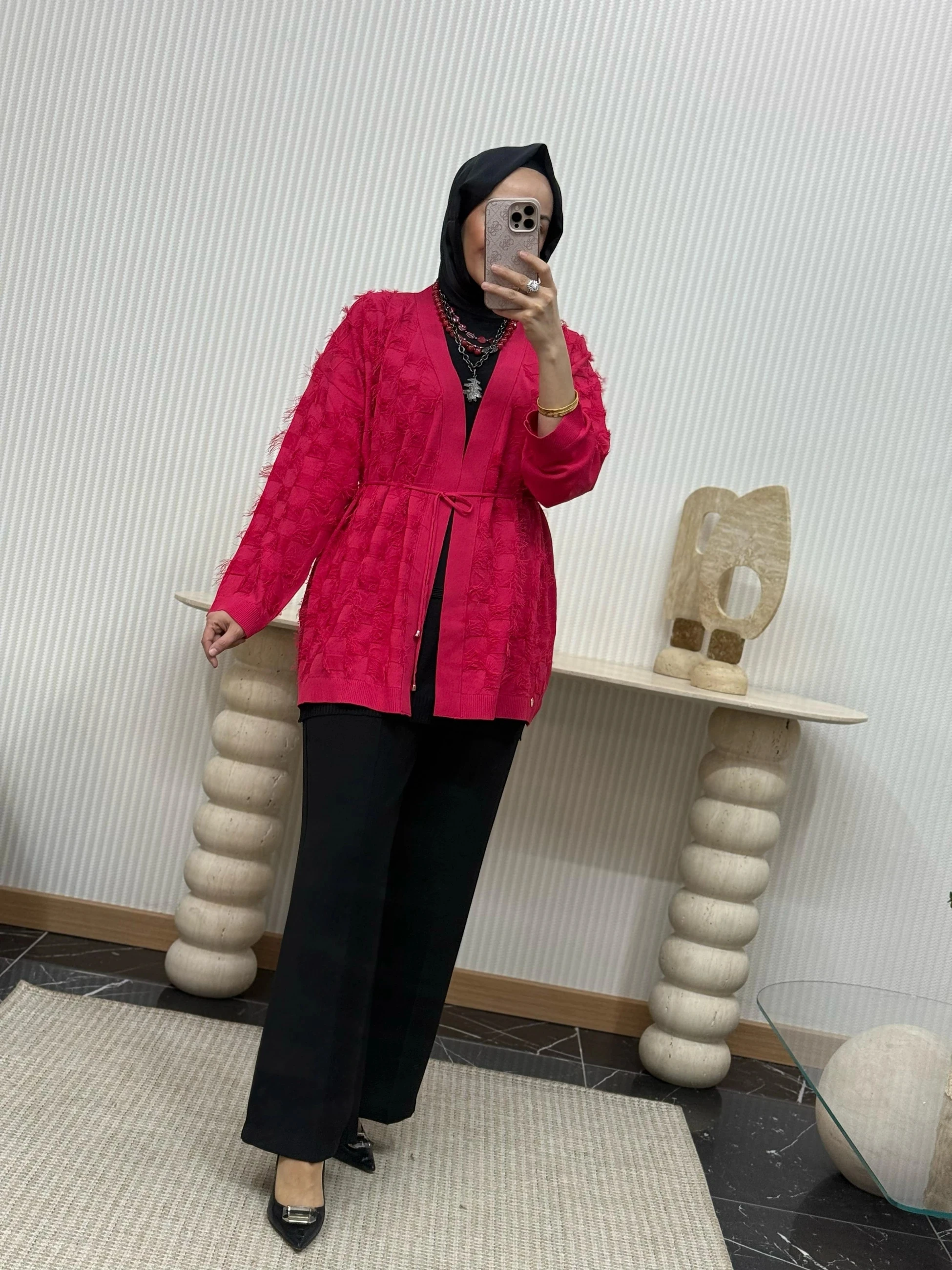 Ghisa Beli Bağlamalı Kırçıllı Hırka - Kırmızı