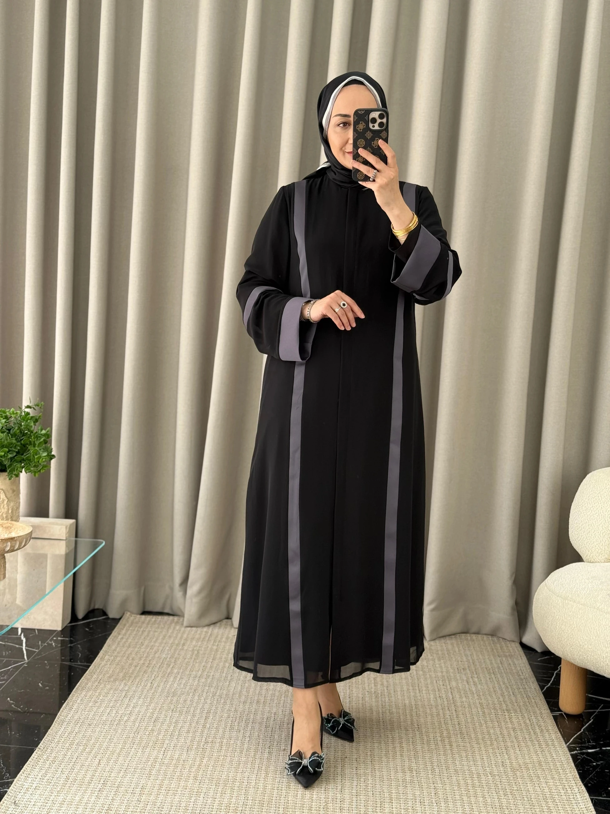 Qeffa Gri Şeritli Ferace - Siyah