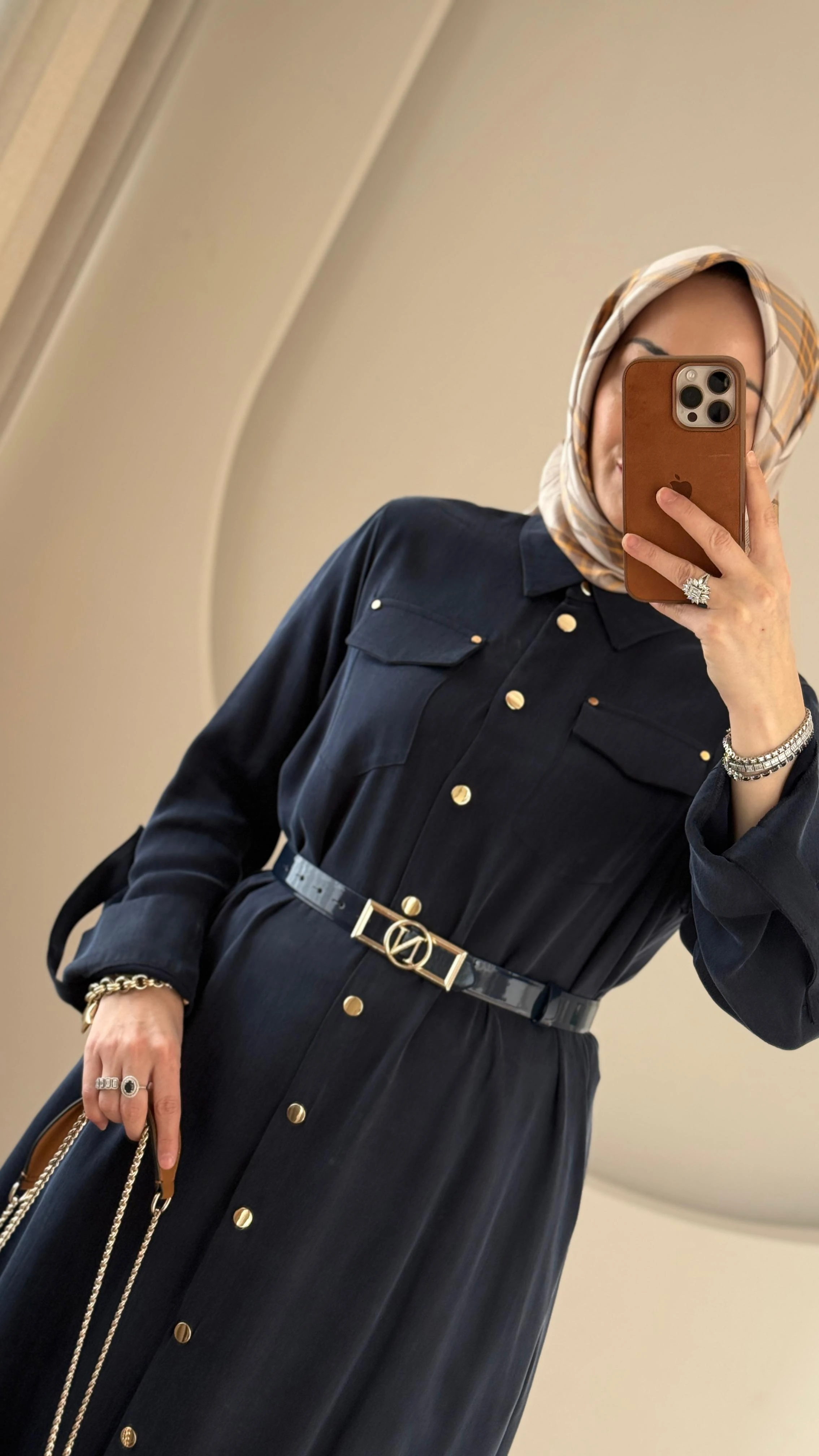 Nuss İpek Cupra Kemer Aksesuarlı Elbise - Lacivert