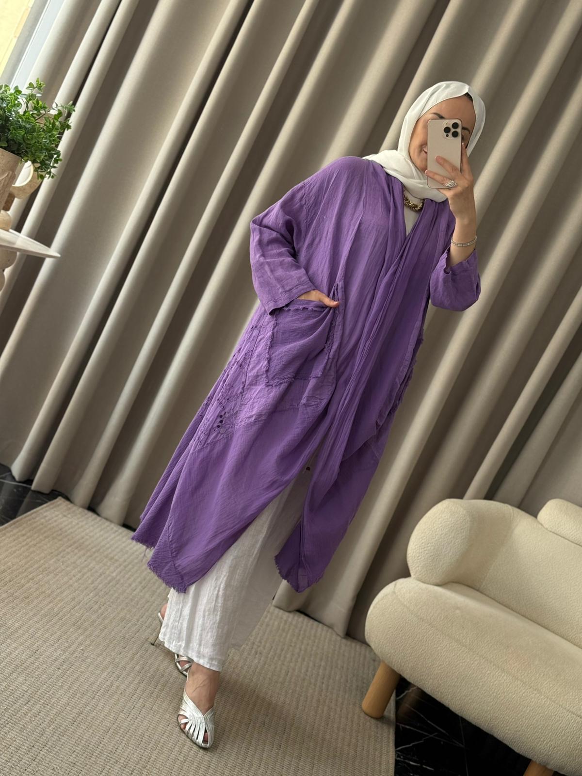 İthal Keten Asimetrik Kesim Kap - Mor