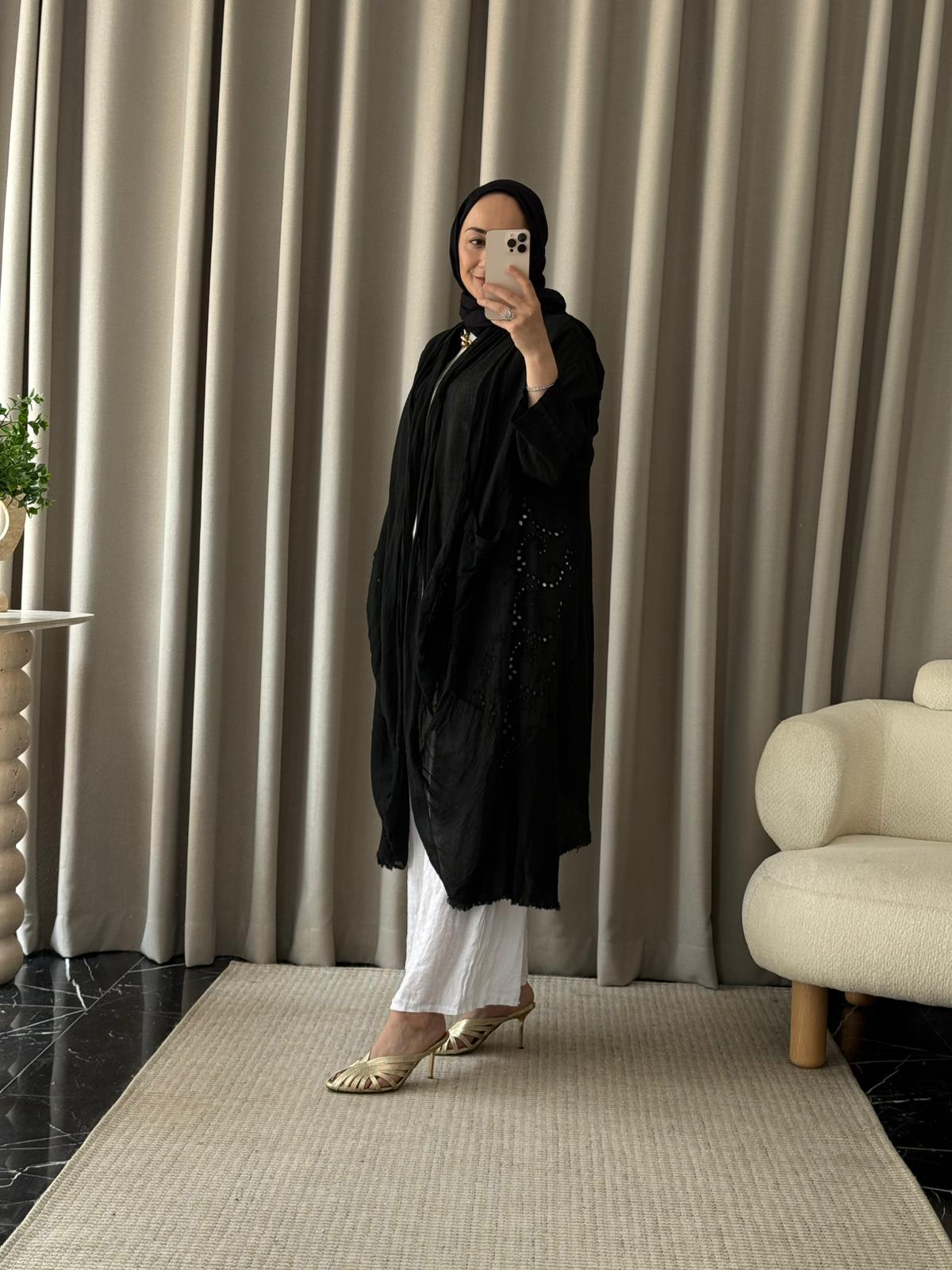 İthal Keten Asimetrik Kesim Kap - Siyah