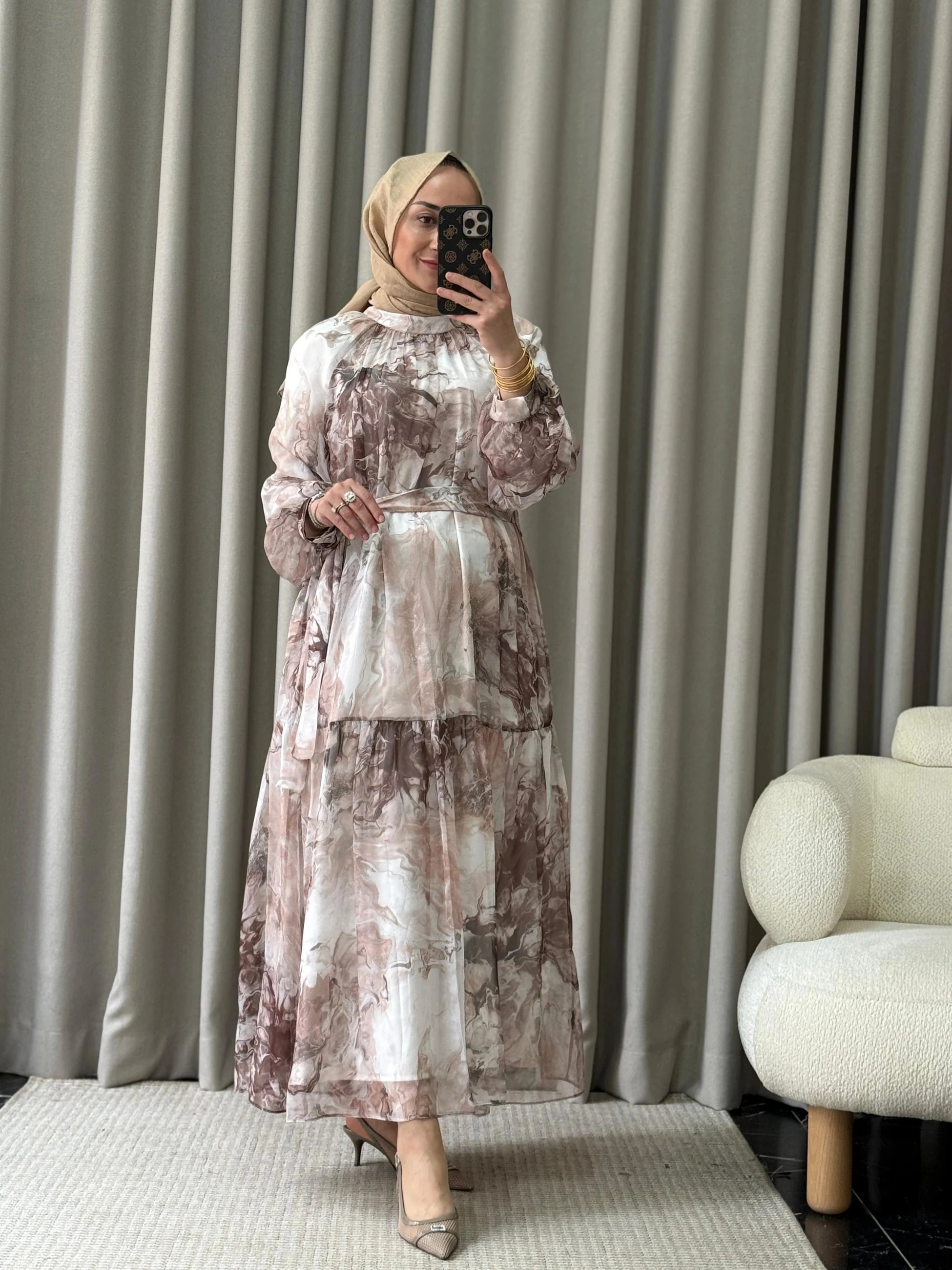 Kahma Desenli Elbise - Kahverengi