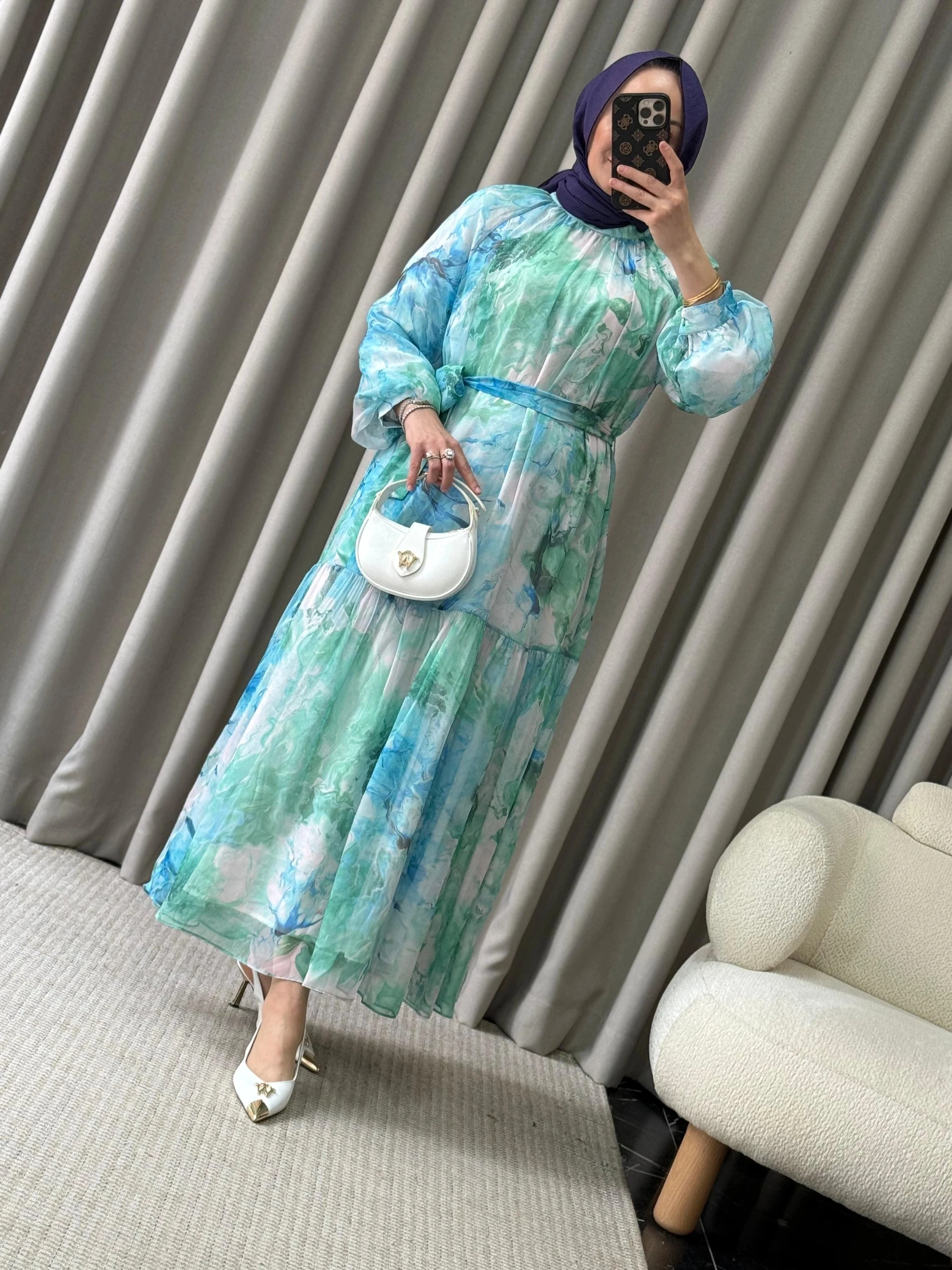 Kahma Desenli Elbise - Yeşil