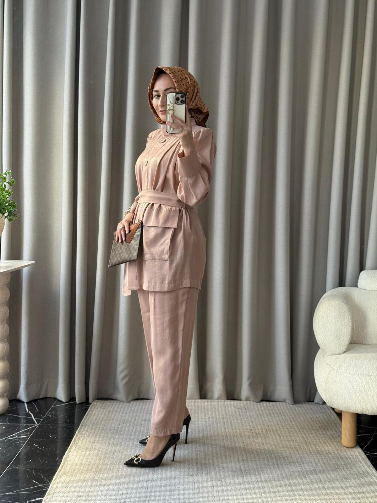 Kahma İpek Cupra Ceket Takım - Pudra