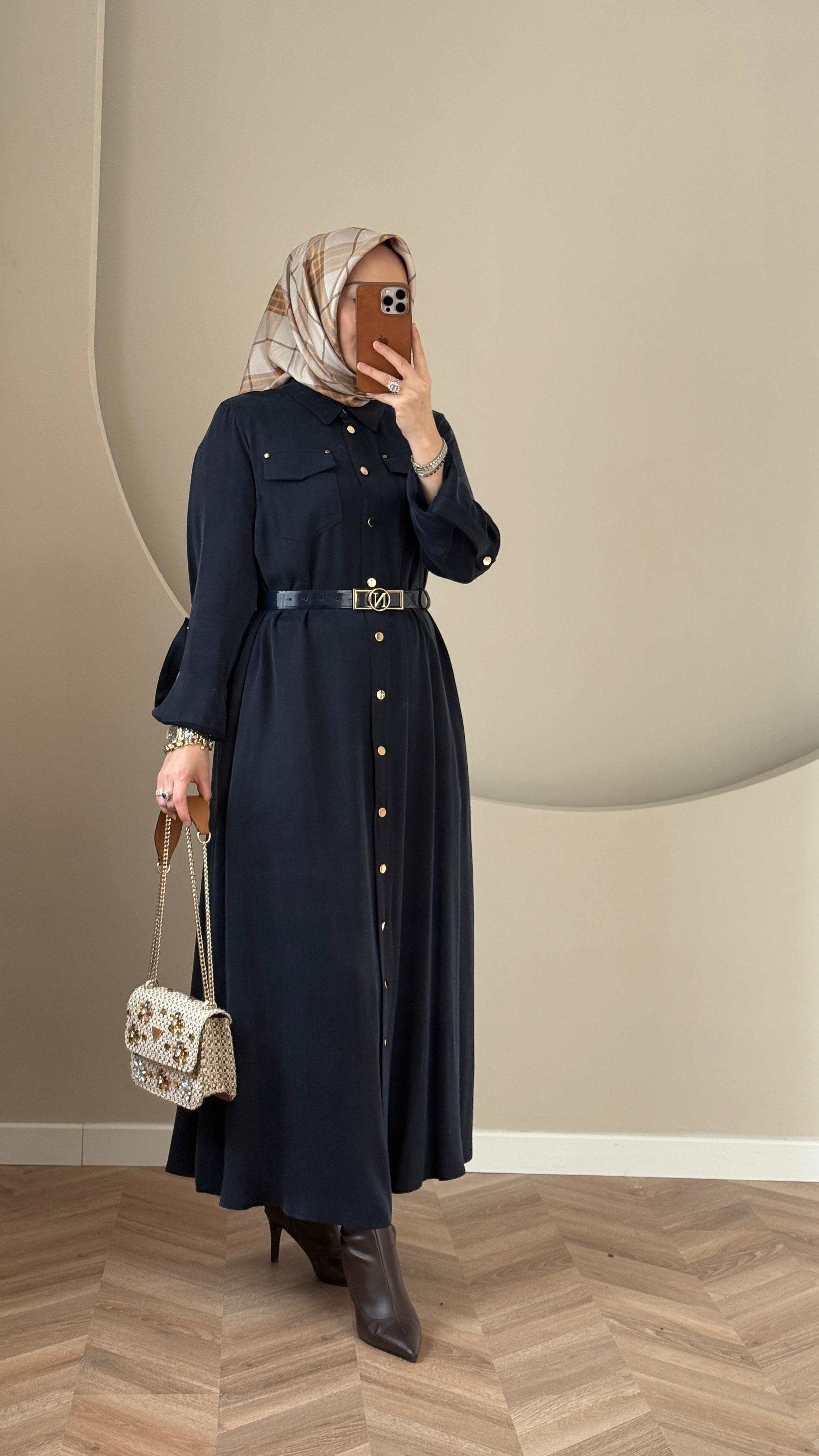 Nuss İpek Cupra Kemer Aksesuarlı Elbise - Lacivert