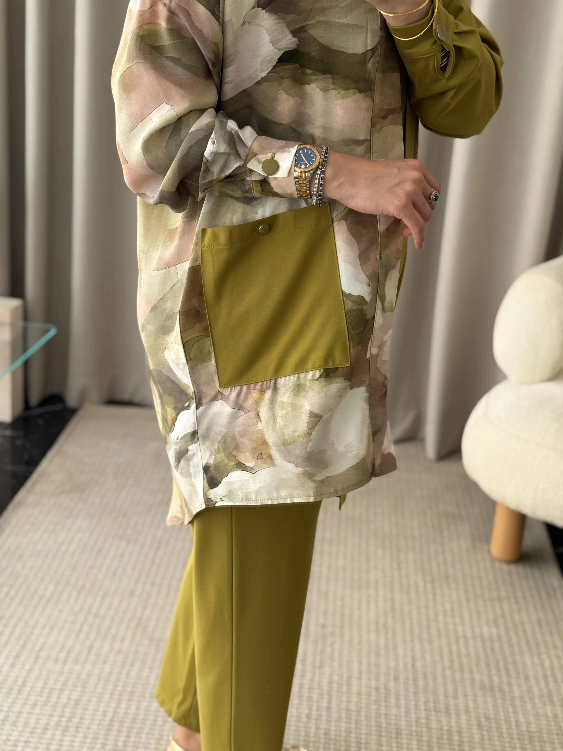 Tığ Triko Asimetrik Kesim Üçlü Takım - Yeşil