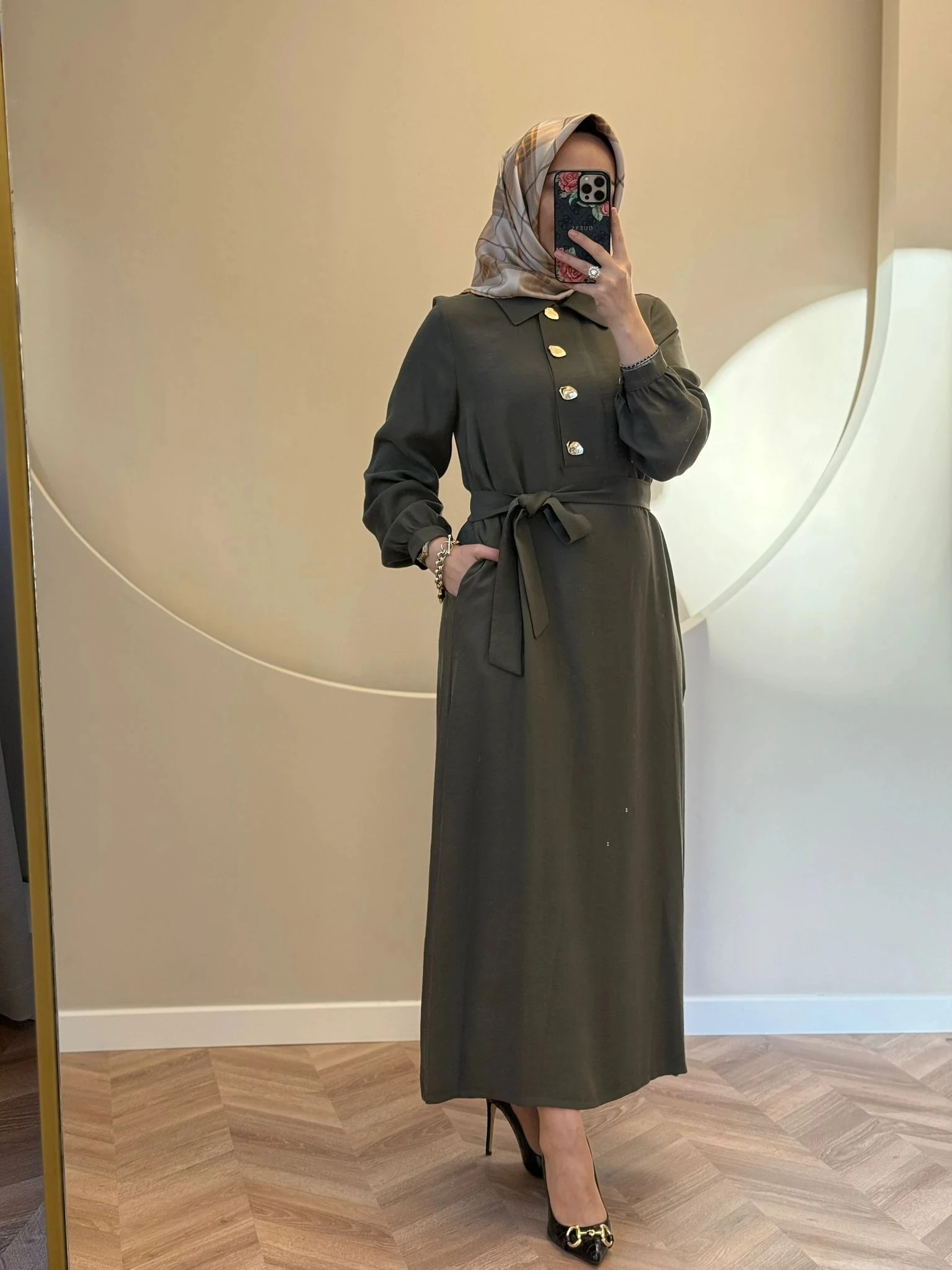 Nuss Yeni Sezon Gold Düğmeli Elbise - Haki