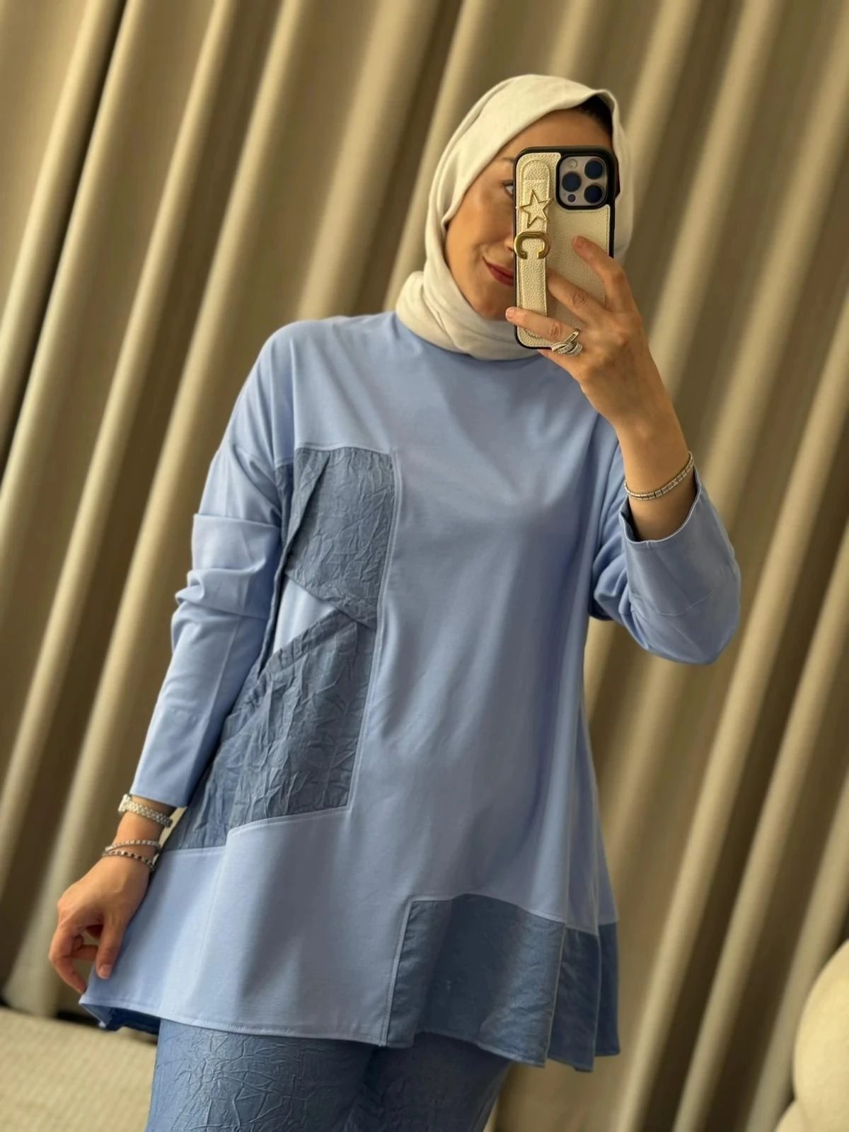 Tığ Triko Kraş Kombinli Asimetrik Takım - Mavi