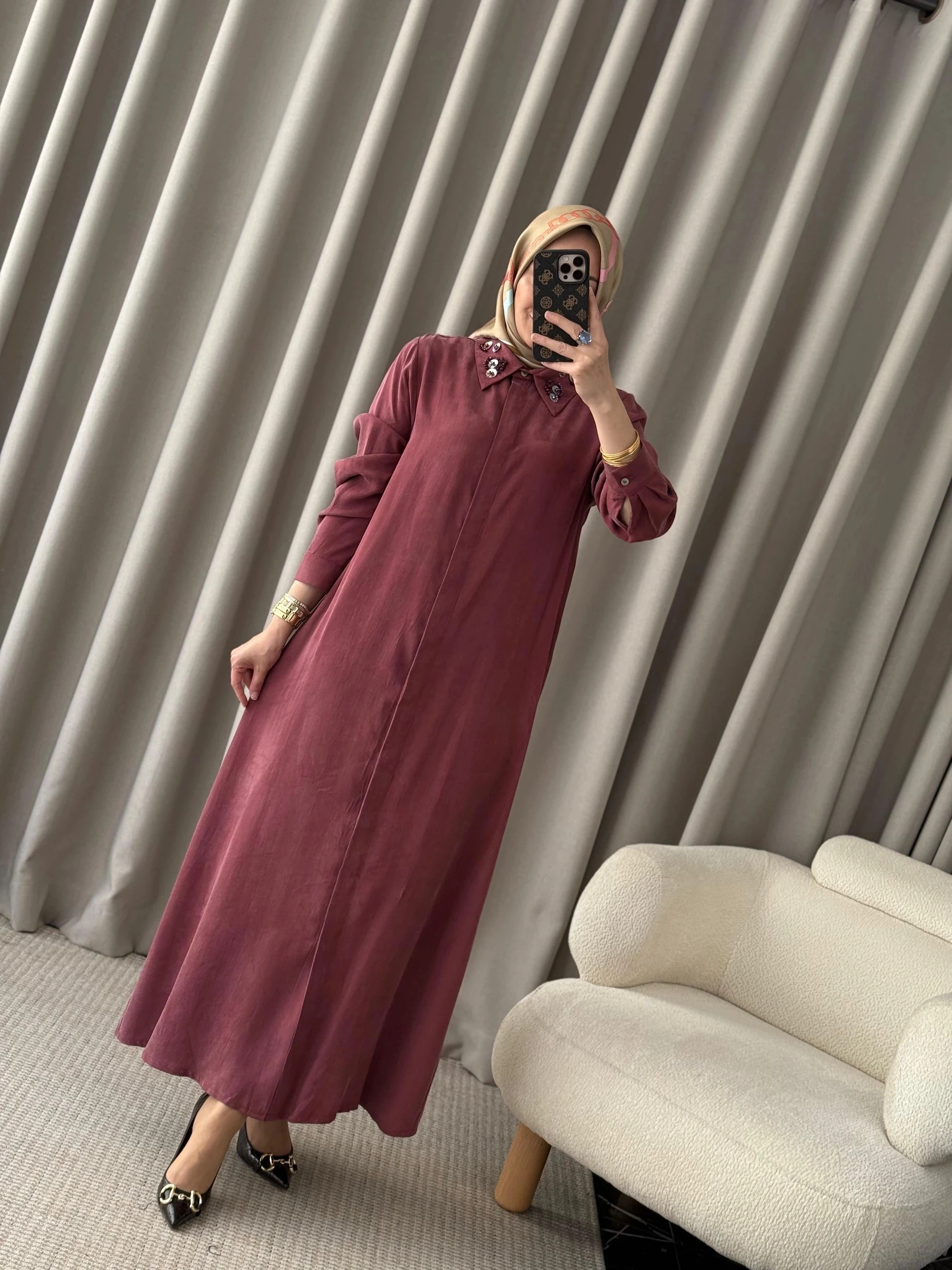 Qeffa Yakası Pullu Gömlek Elbise - Bordo