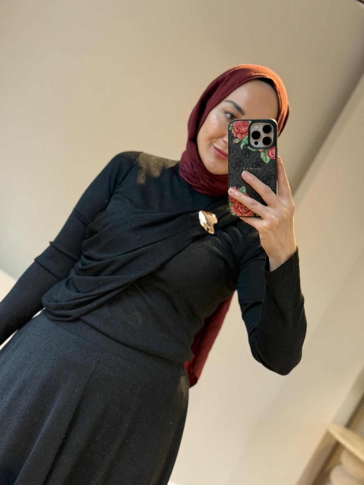 Kahma Simli Merserize Etekli Takım - Siyah