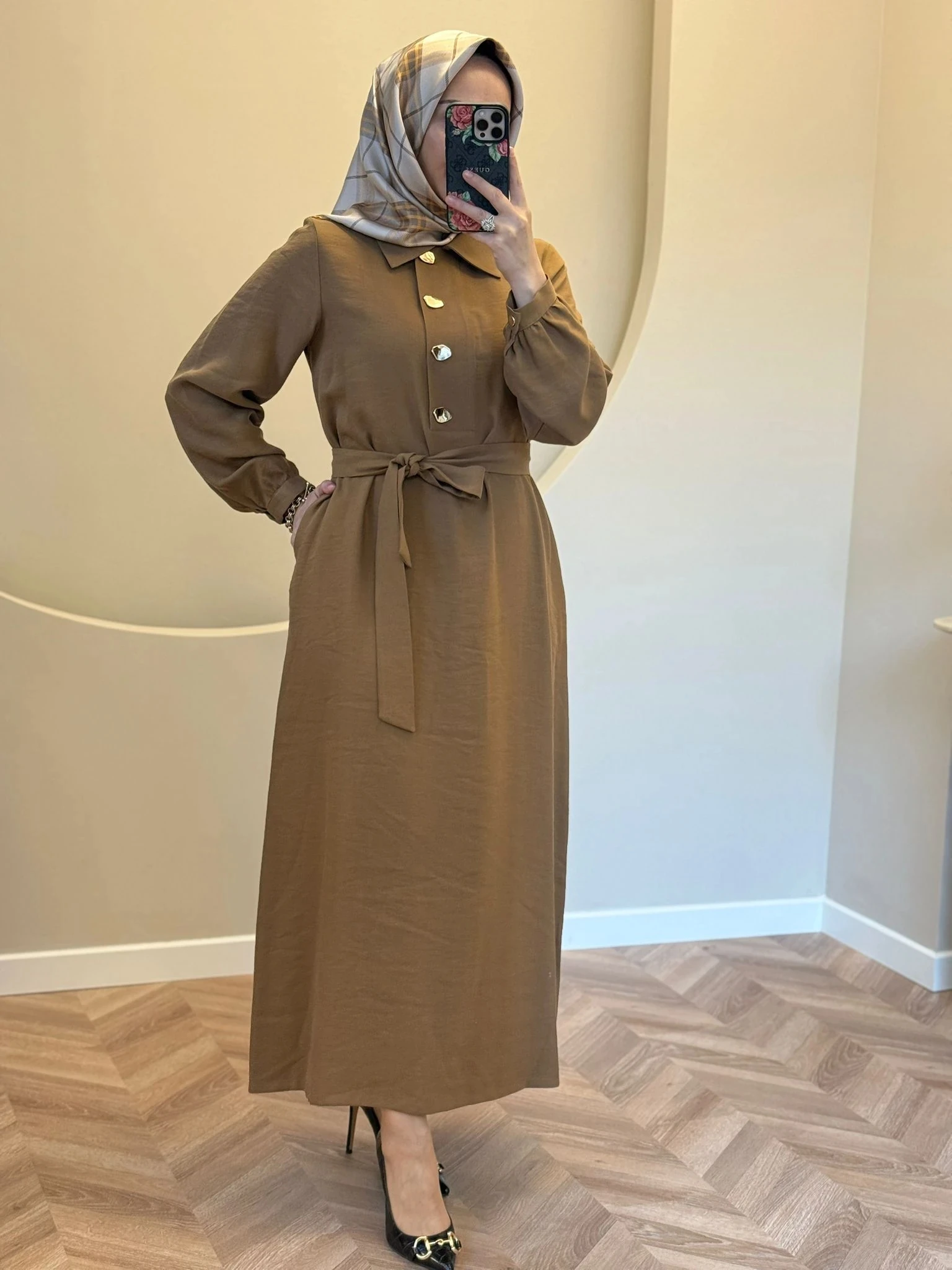 Nuss Yeni Sezon Gold Düğmeli Elbise - Taba