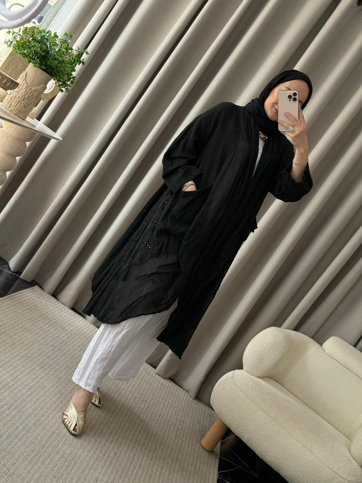 İthal Keten Asimetrik Kesim Kap - Siyah