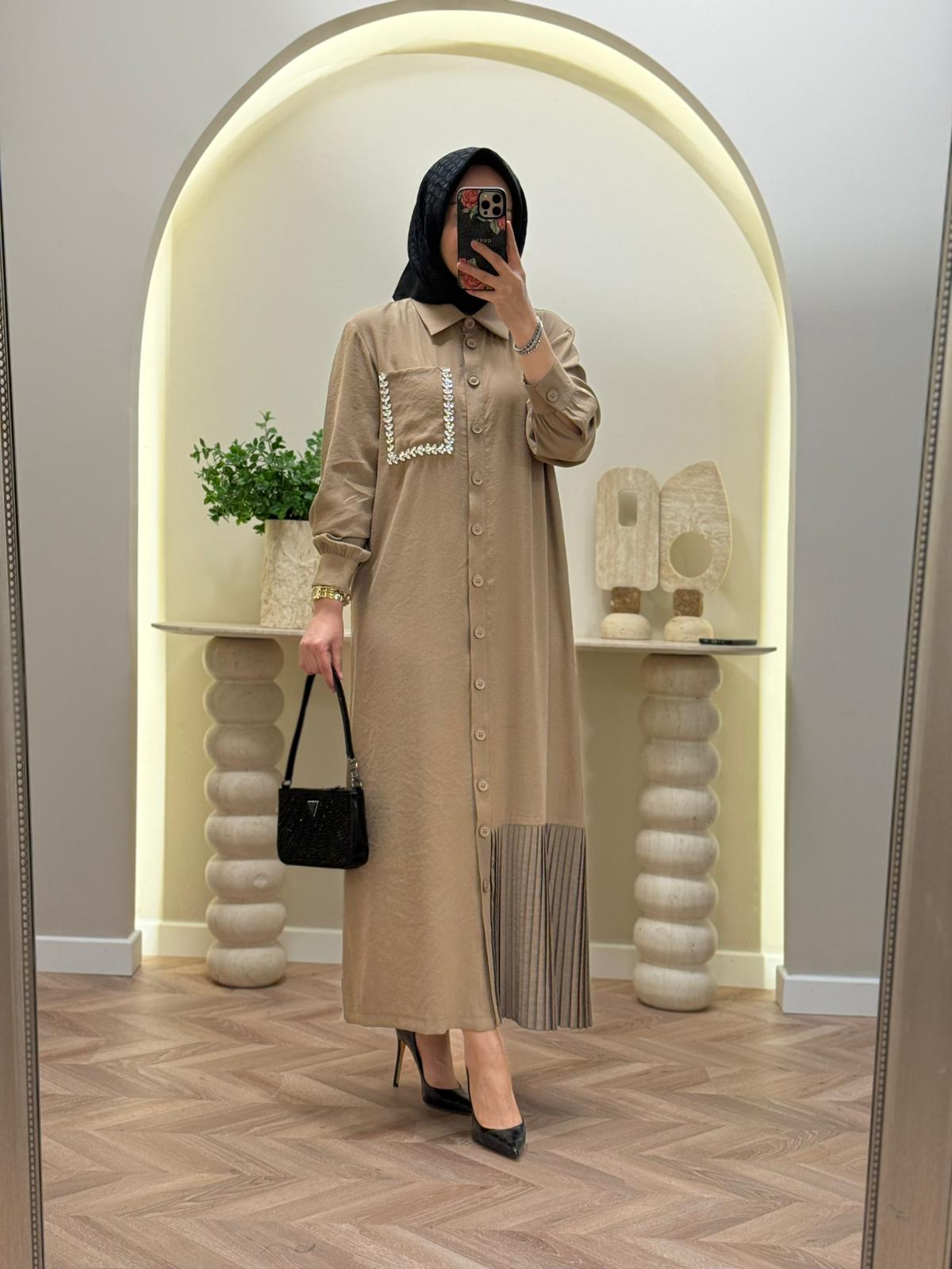 Lonbelon Bm Cep Taş Detaylı Elbise - Camel