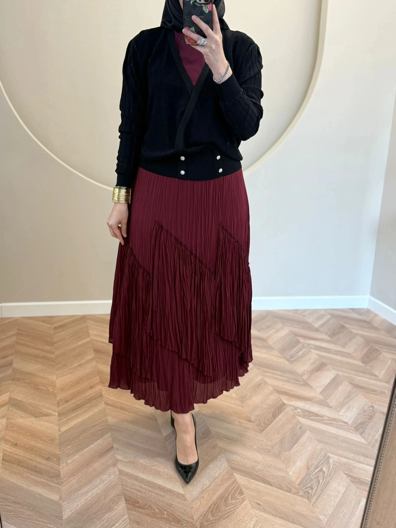 Sentez Viola Parçalı Kırıştırma Etek - Bordo