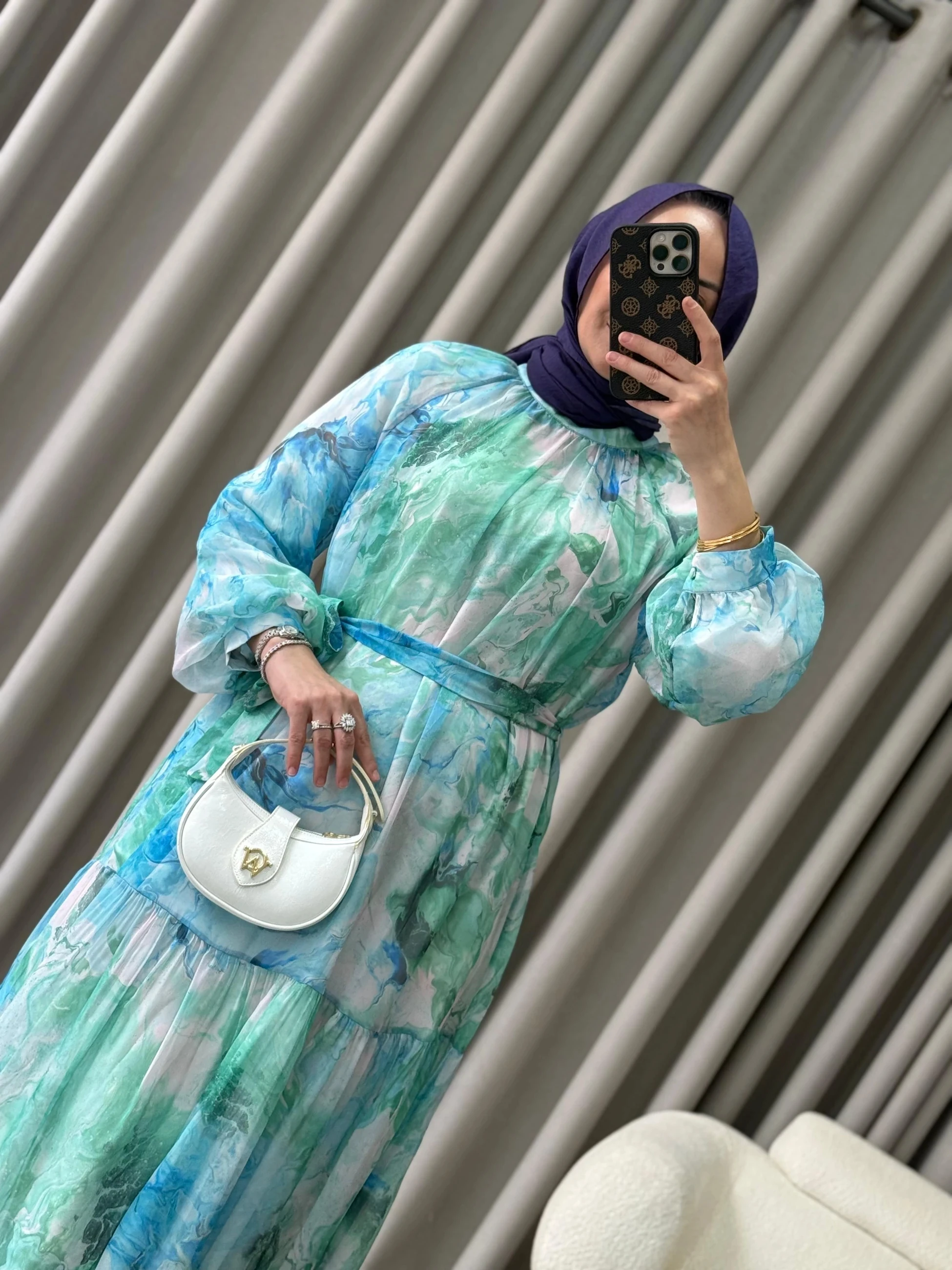 Kahma Desenli Elbise - Yeşil