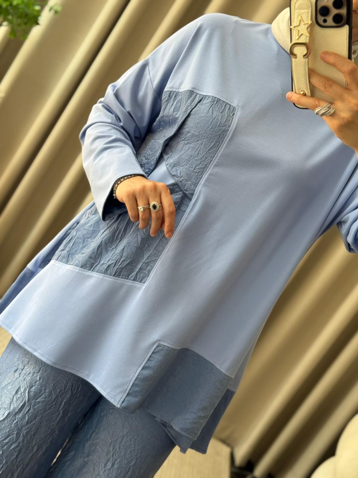 Tığ Triko Kraş Kombinli Asimetrik Takım - Mavi