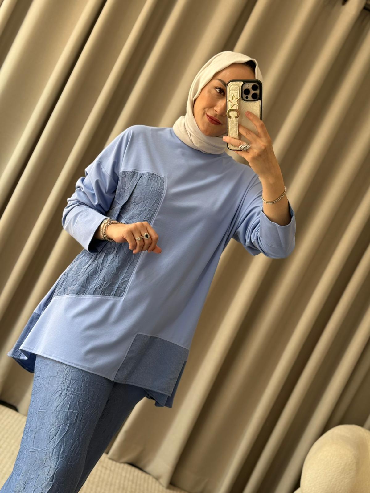 Tığ Triko Kraş Kombinli Asimetrik Takım - Mavi