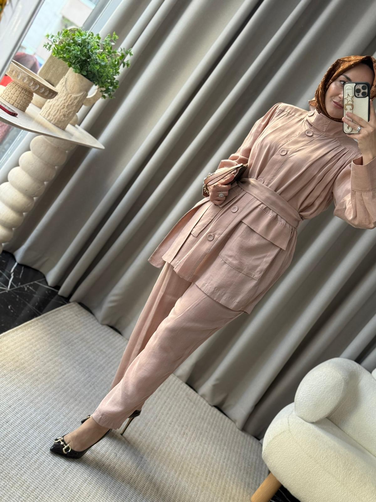 Kahma İpek Cupra Ceket Takım - Pudra