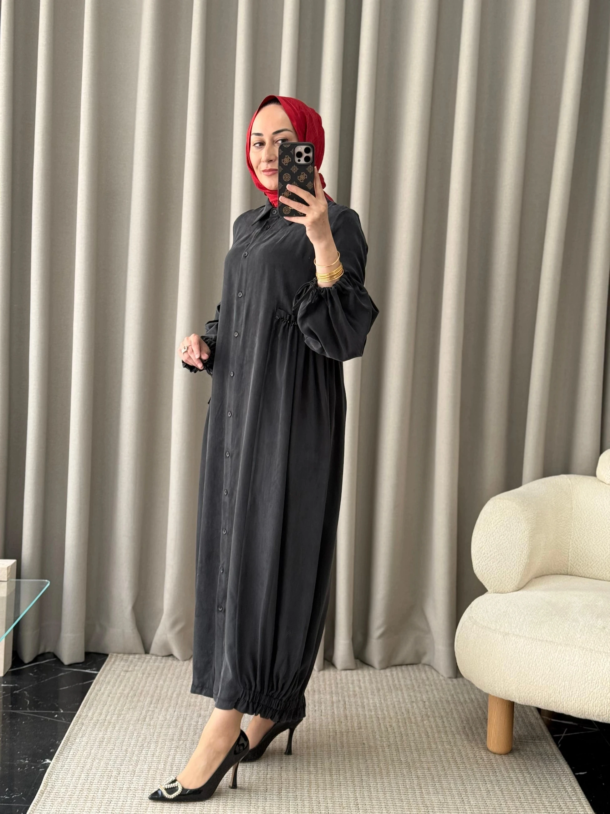 Qeffa Etek Ucu Ribanalı İpek Elbise - Siyah