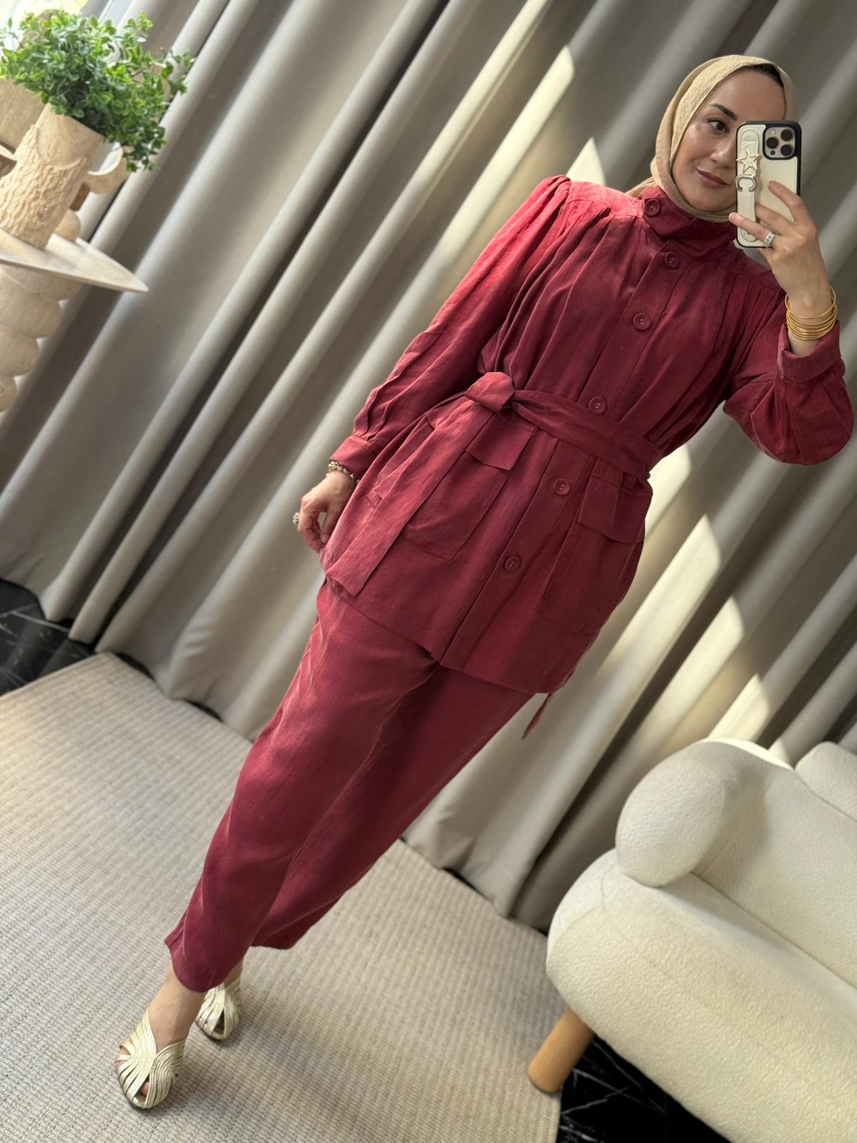 Kahma İpek Cupra Ceket Takım - Bordo